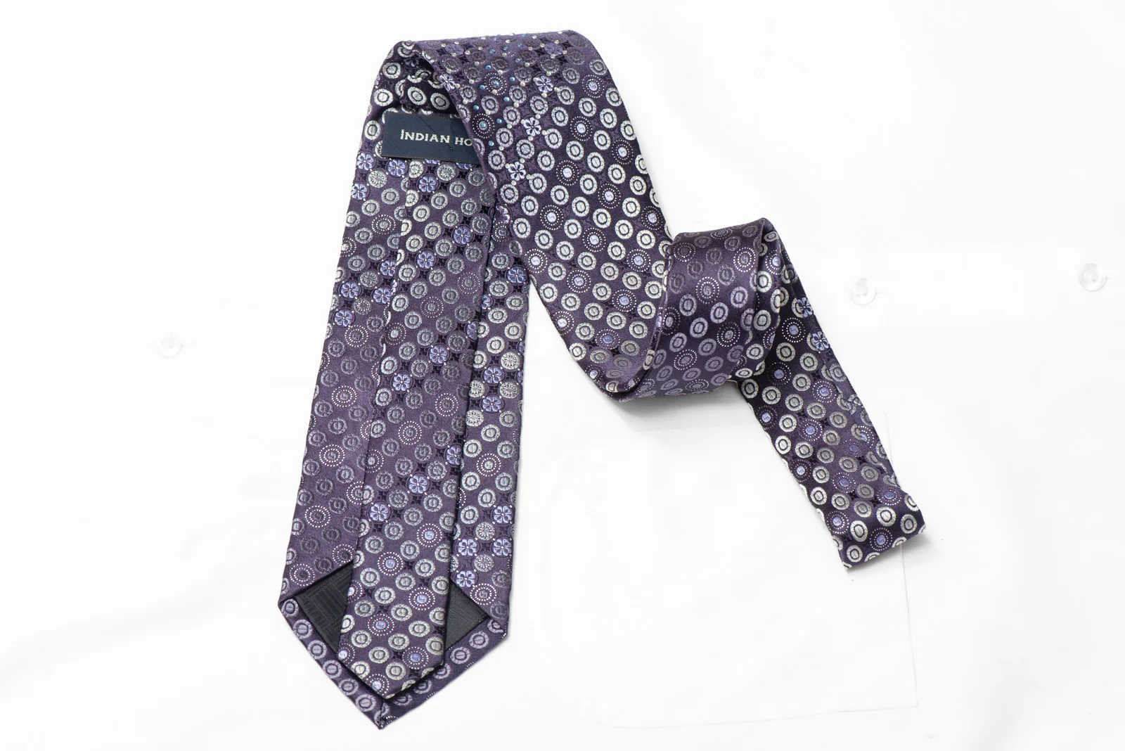 Silver Geometric Floral On Navy Blue Rhinestone Tie With Sparkles - Image 3