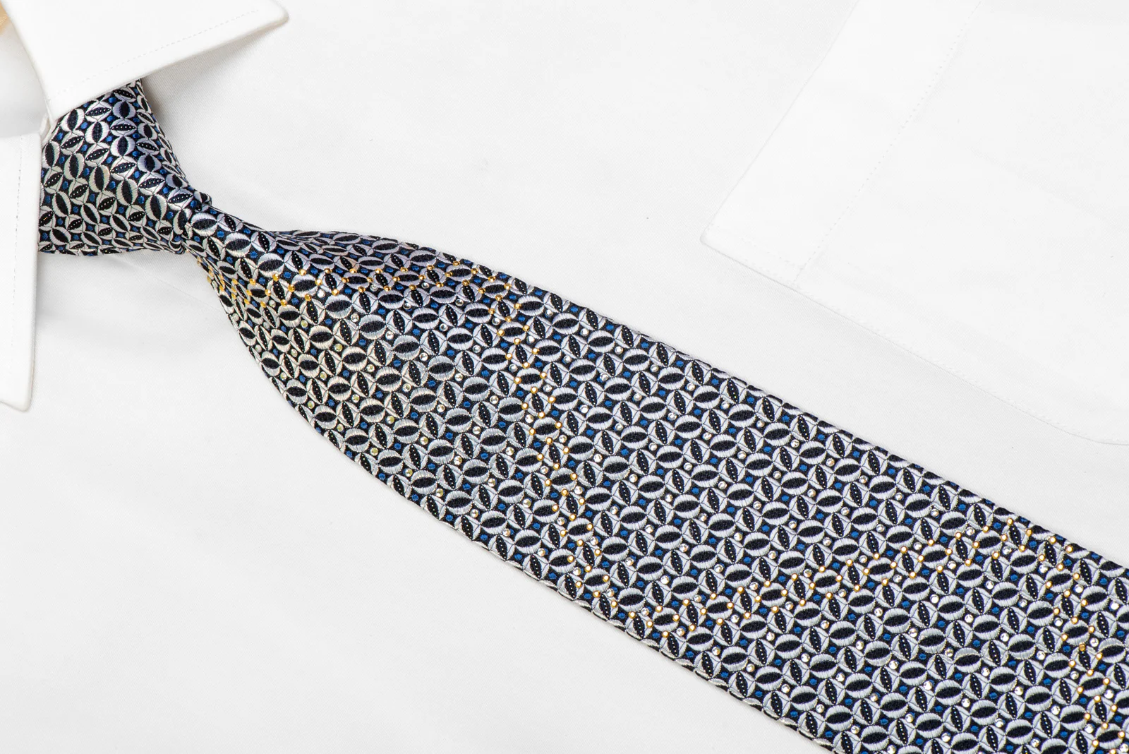 Silver Geometric On Black Rhinestone Silk Necktie With Sparkles - Image 2