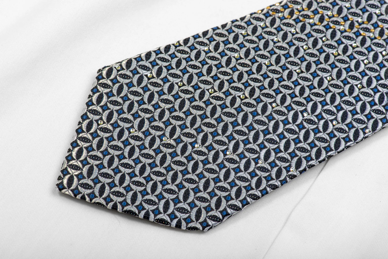 Silver Geometric On Black Rhinestone Silk Necktie With Sparkles - Image 4