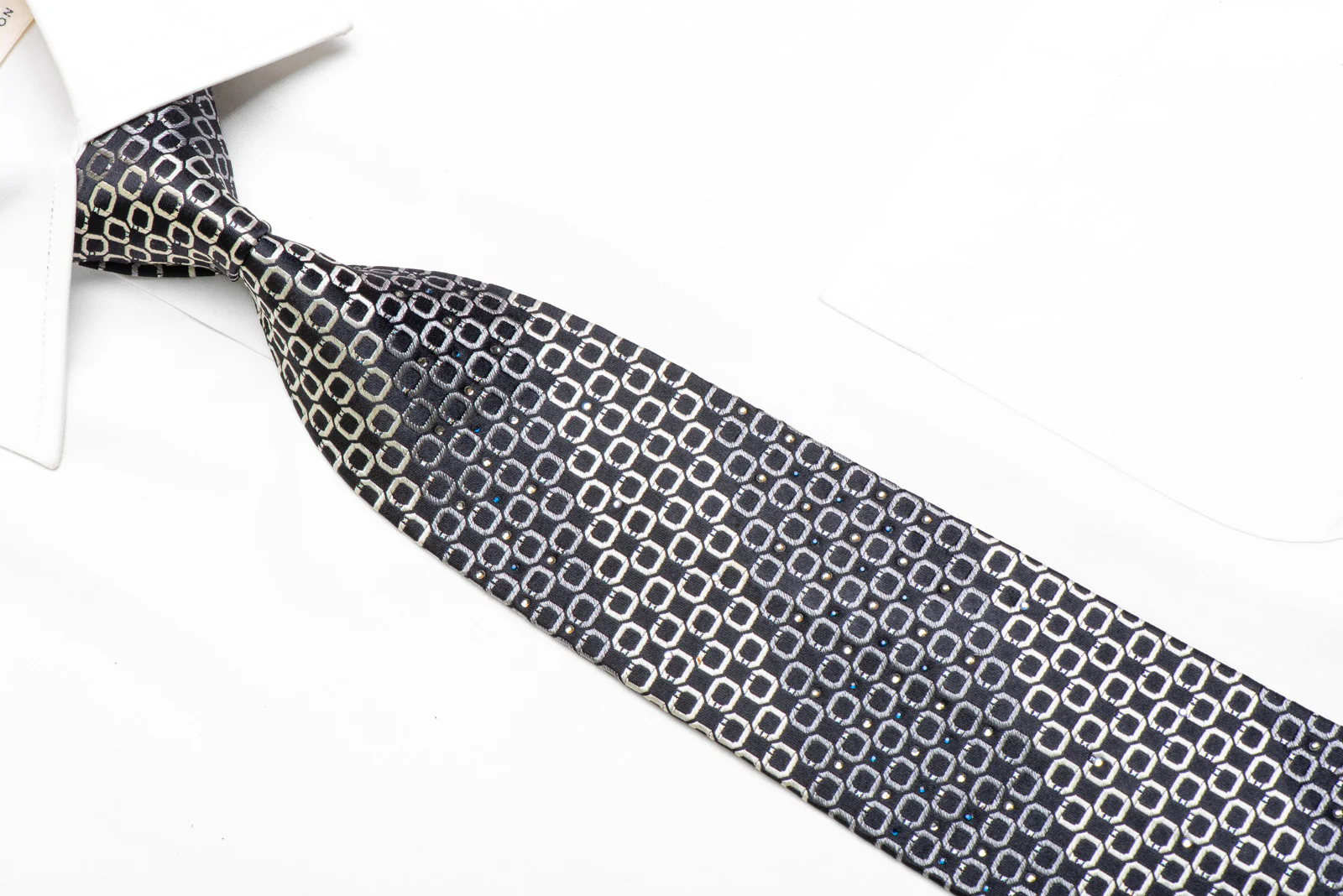 Silver Geometric On Black Rhinestone Tie With Silver Sparkles - Image 2