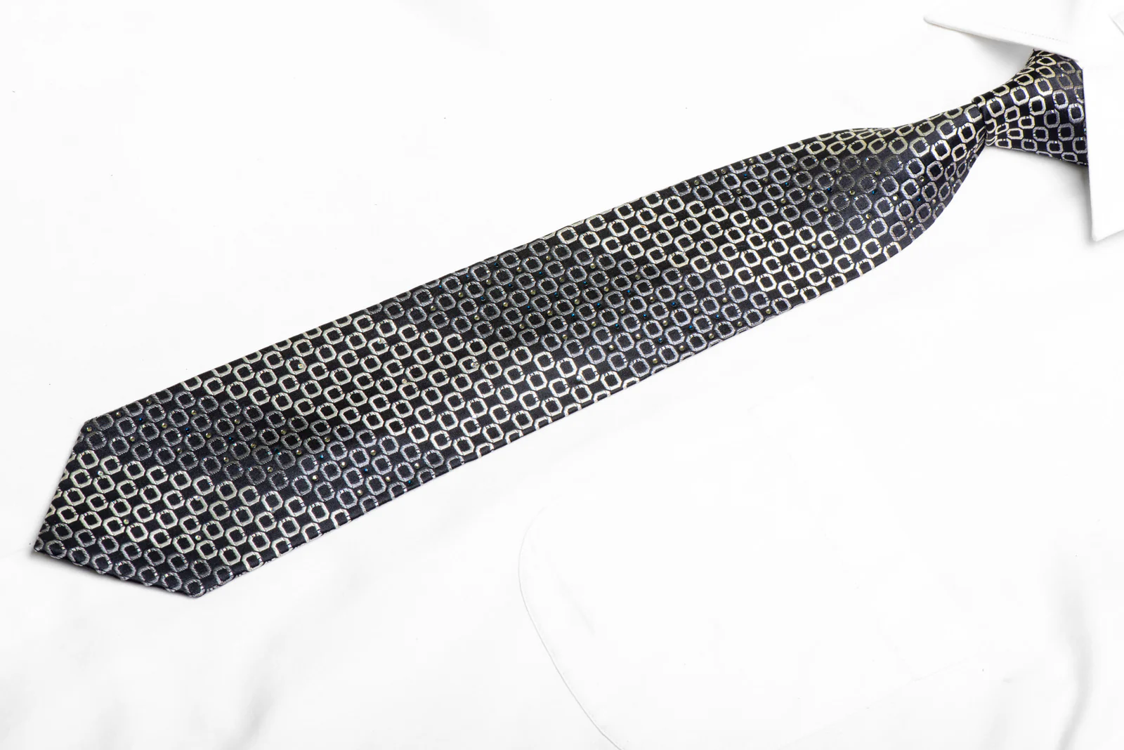 Silver Geometric On Black Rhinestone Tie With Silver Sparkles - Image 3