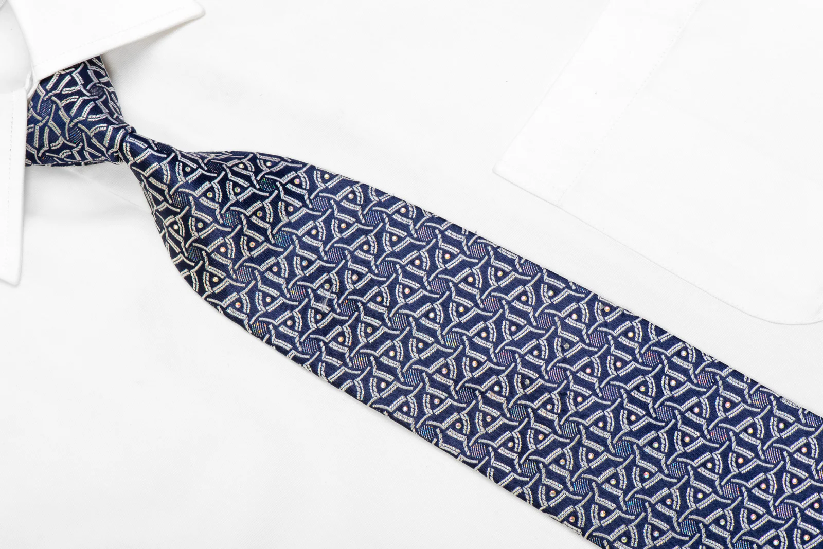 Silver Geometric On Blue Rhinestone Silk  Tie With Sparkles - Image 2