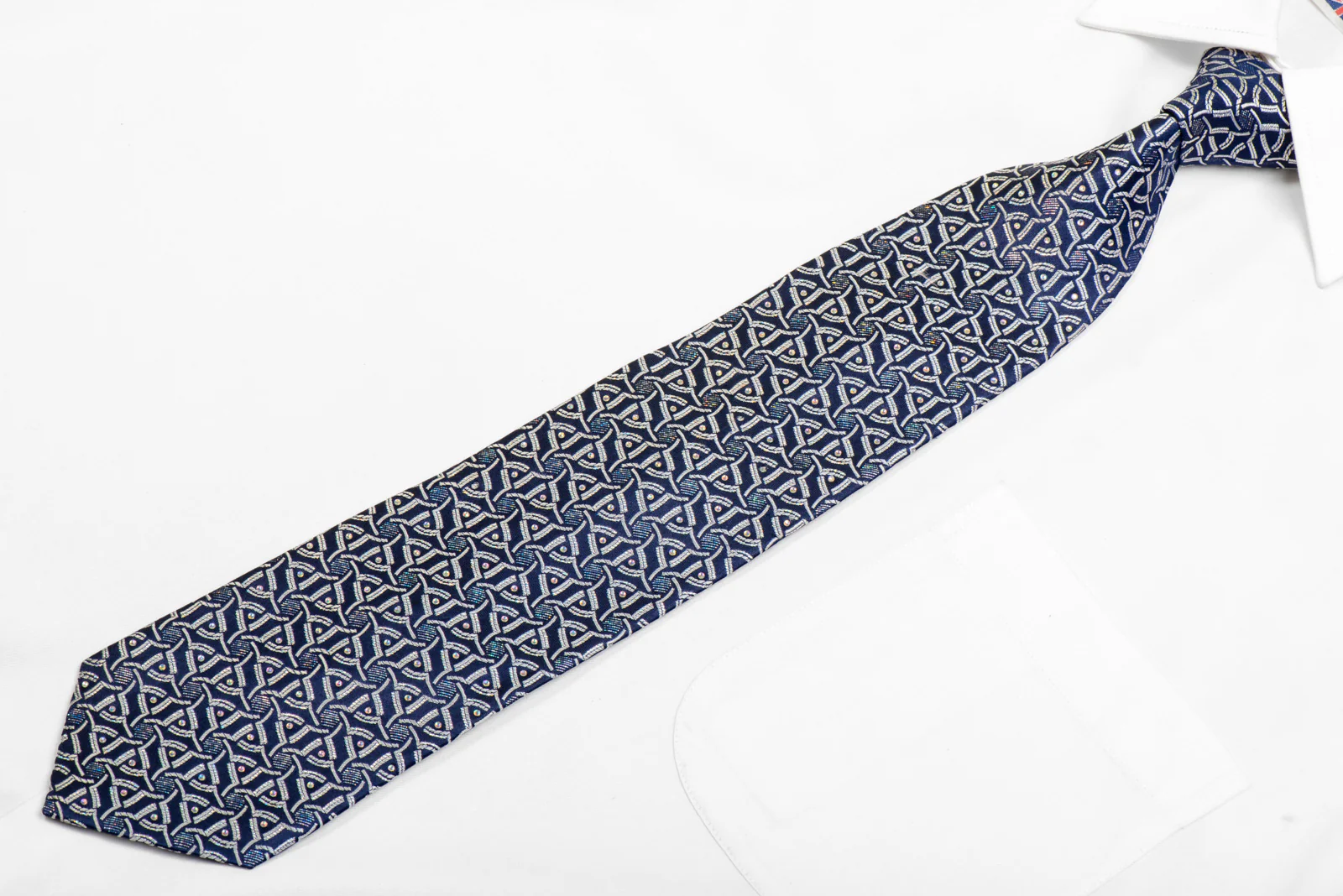 Silver Geometric On Blue Rhinestone Silk  Tie With Sparkles - Image 3