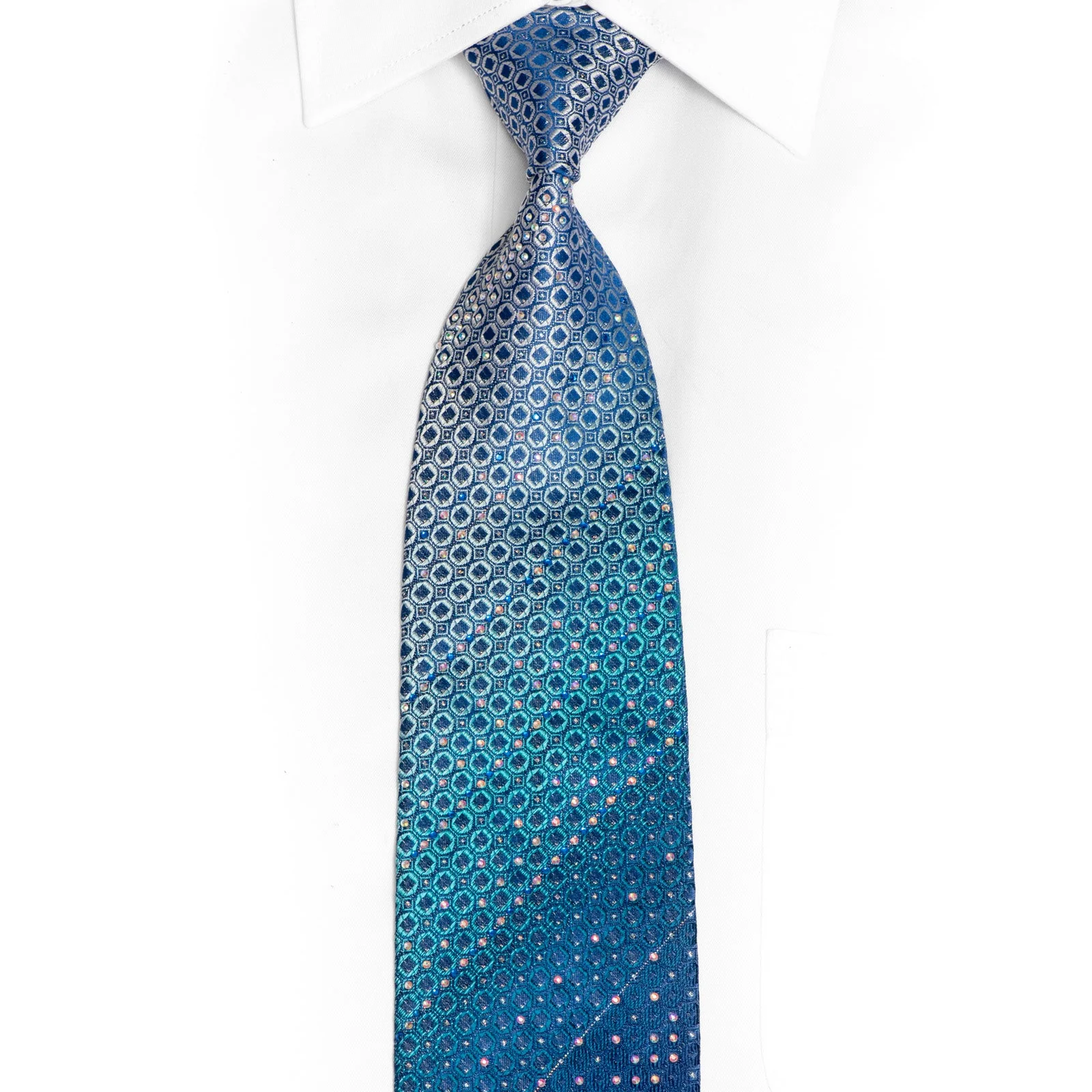 Silver Geometric On Blue Rhinestone Tie With Silver Sparkles