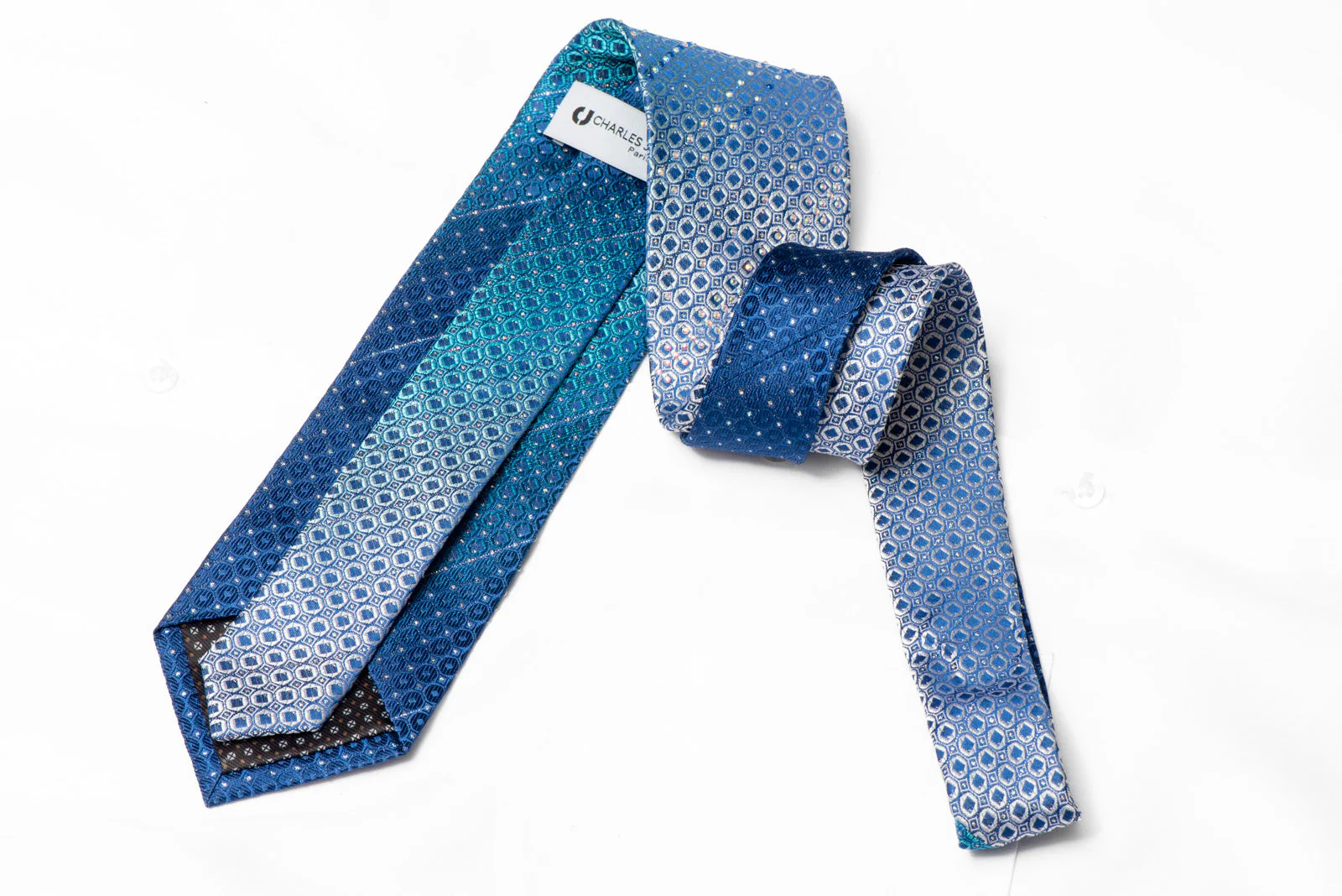 Silver Geometric On Blue Rhinestone Tie With Silver Sparkles - Image 3