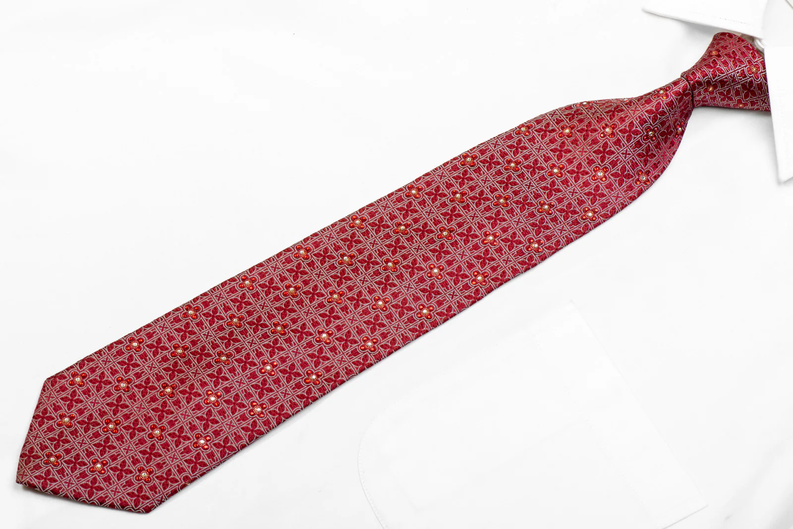 Silver Geometric On Burgundy Rhinestone Silk Necktie With Sparkles - Image 3