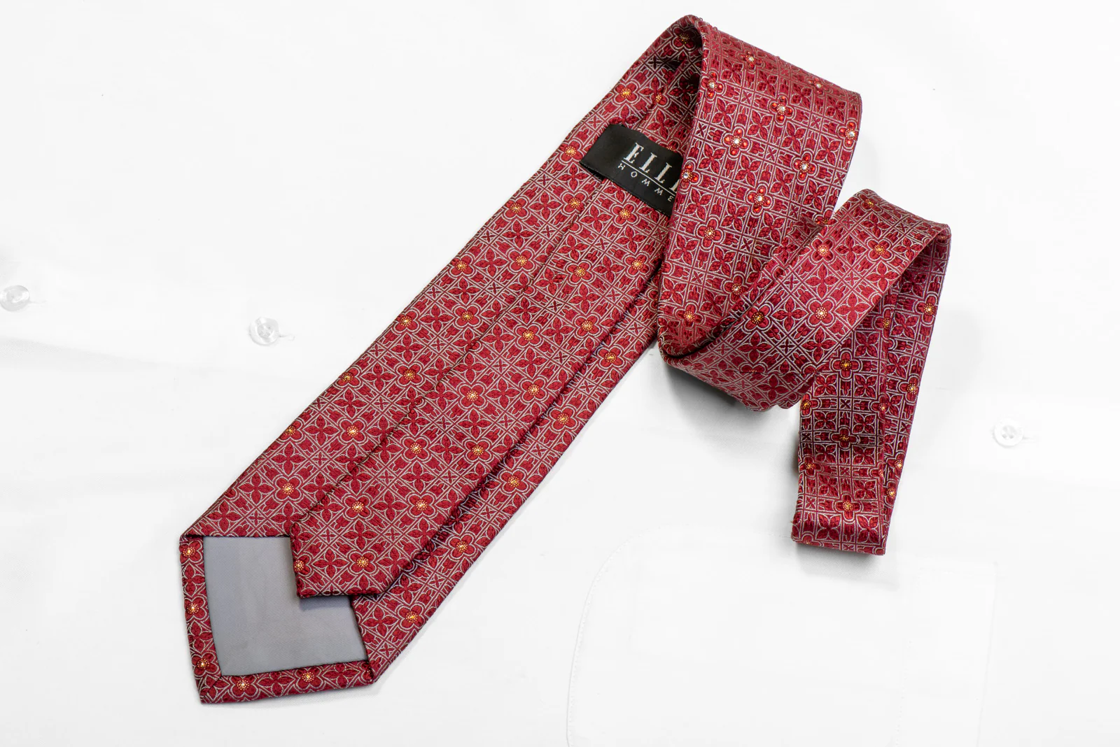 Silver Geometric On Burgundy Rhinestone Silk Necktie With Sparkles - Image 4
