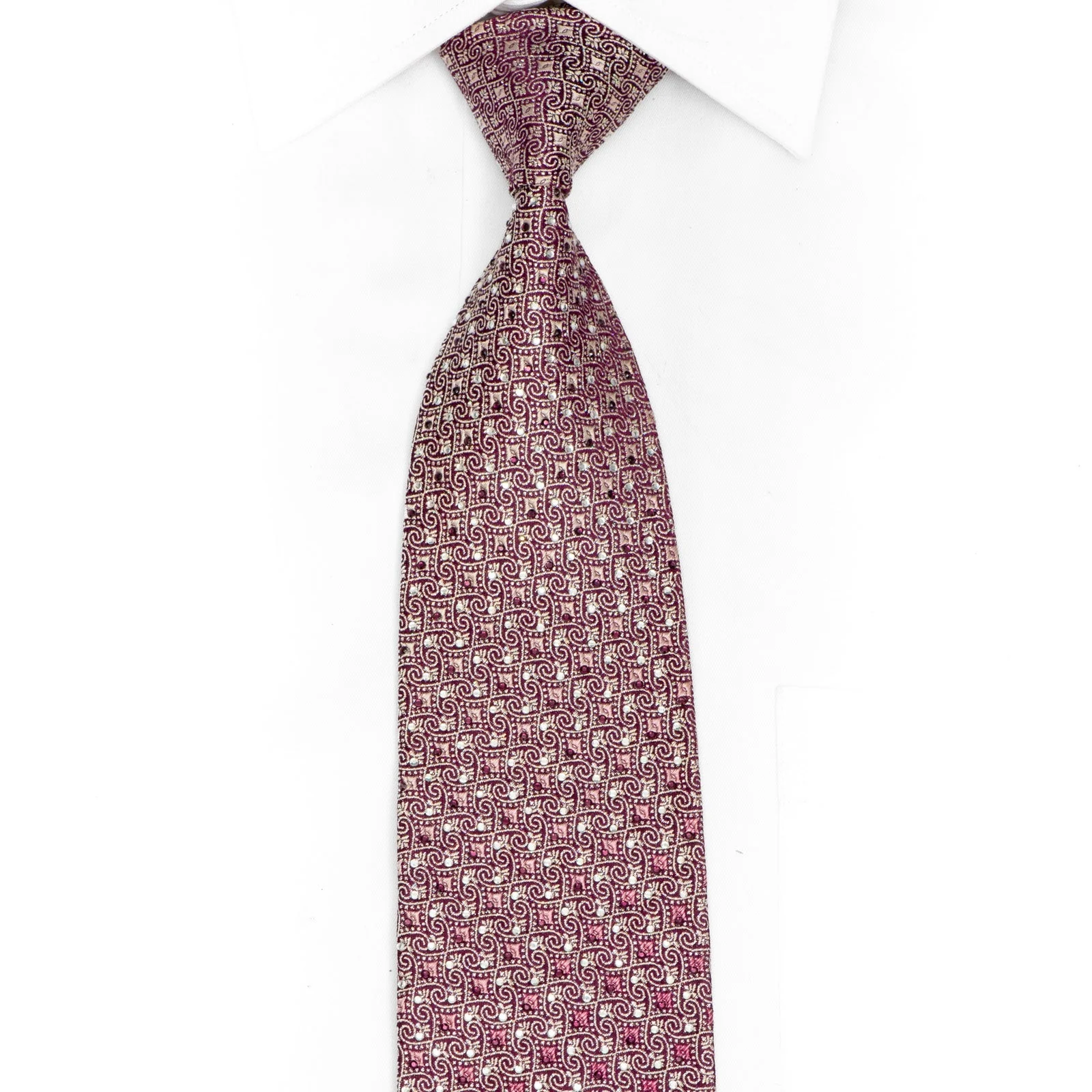 Silver Geometric On Burgundy Rhinestones Tie With Silver Sparkles