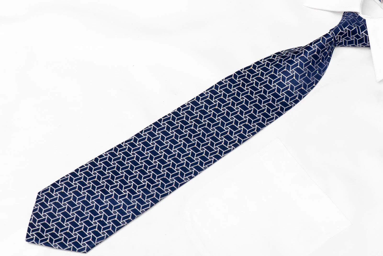 Silver Geometric On Dark Blue Rhinestone Tie With Silver Sparkles - Image 2