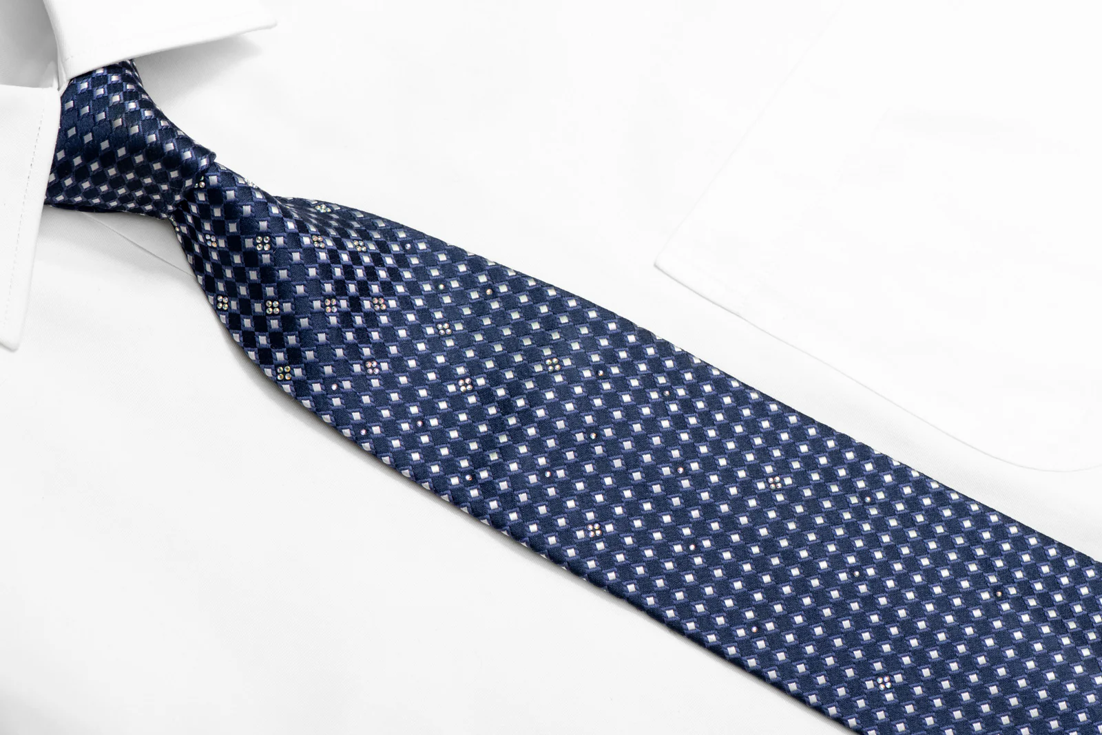 Silver Geometric On Navy Blue Rhinestone Silk Necktie - Image 2