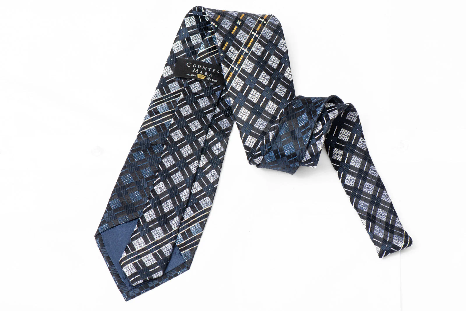 Silver Geometric On Navy Blue Rhinestone Silk Necktie With Silver Sparkles - Image 3