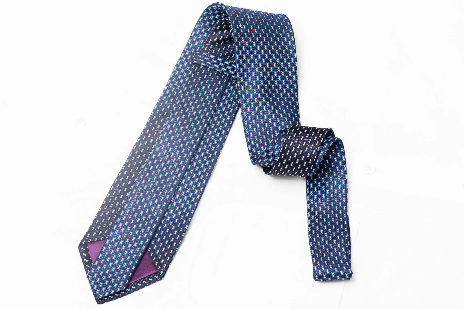 Silver Geometric On Navy Rhinestone Silk Necktie With Red Sparkles - Image 3