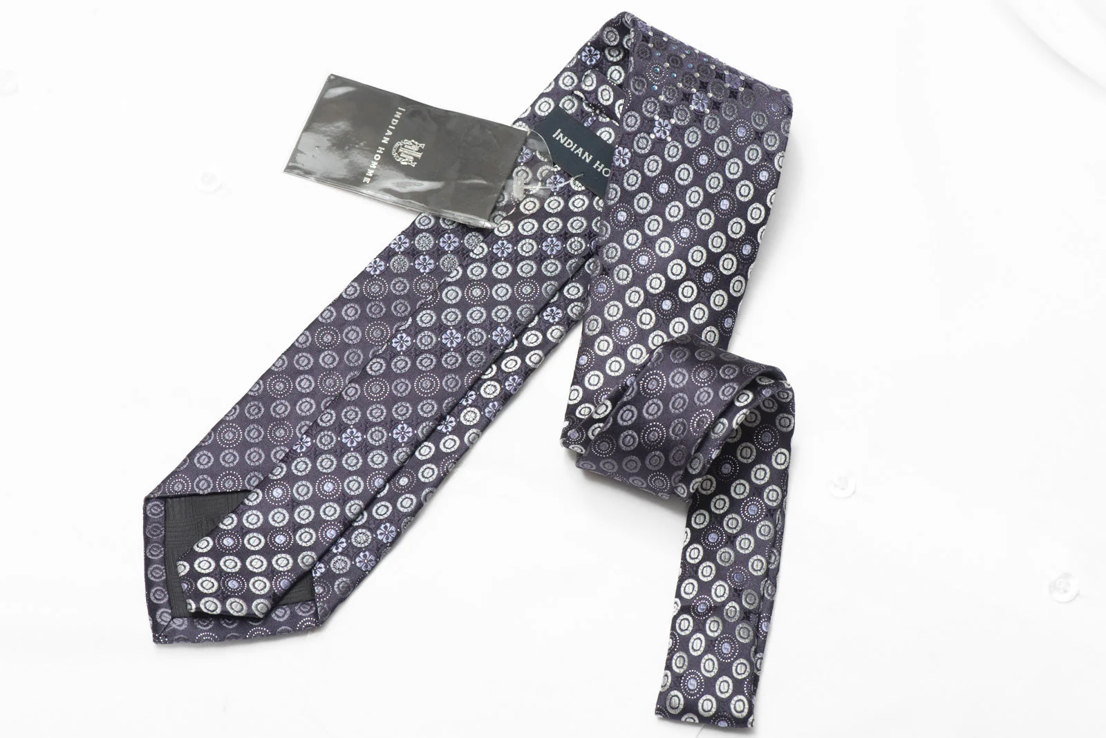 Silver Geometric On Navy Rhinestone Silk Necktie With Silver Sparkles - Image 4