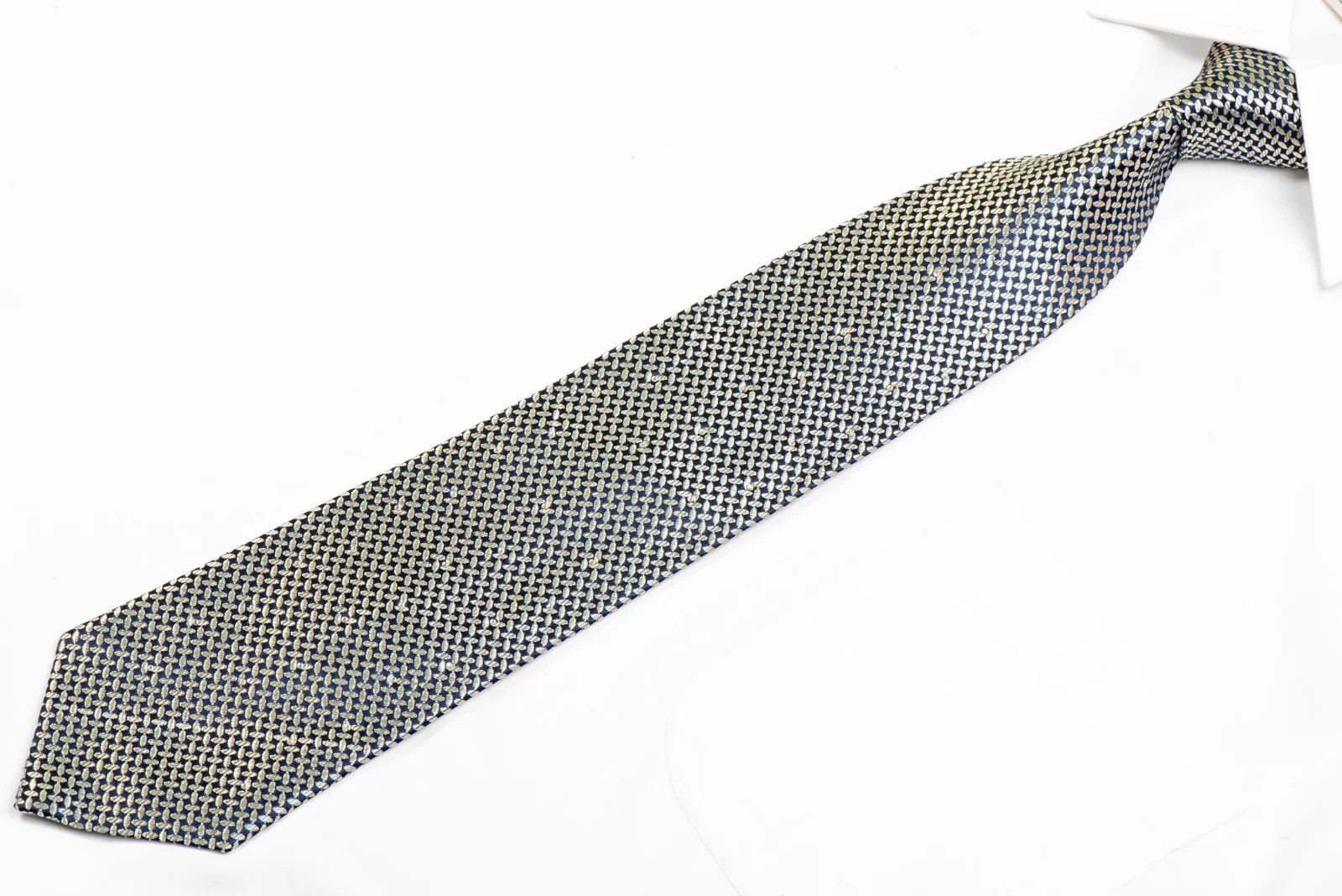 Silver Geometric On Navy Rhinestone Silk Tie With Sparkles - Image 3