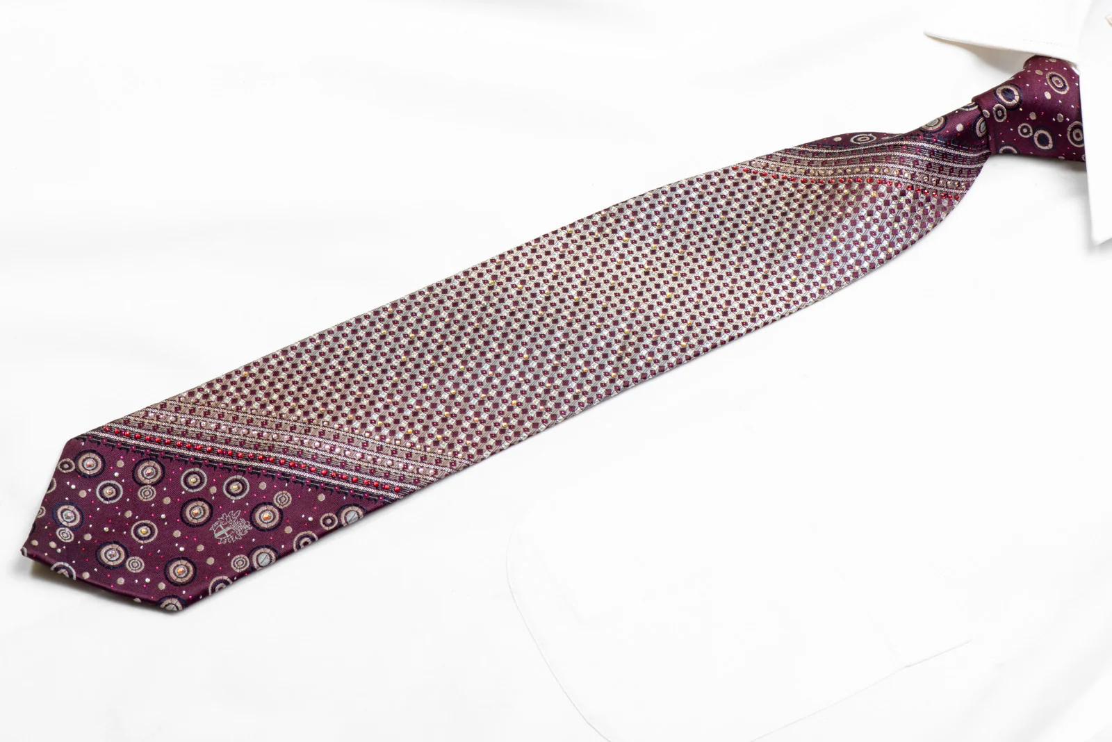 Silver Geometric On Purple Rhinestone Silk Necktie With Silver Sparkles - Image 3