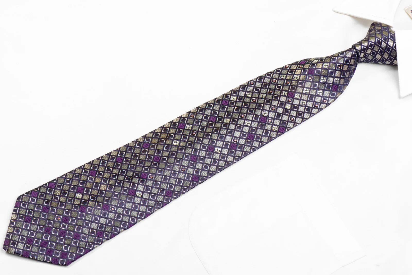 Silver Geometric On Purple Rhinestone Silk Tie With Sparkles - Image 3