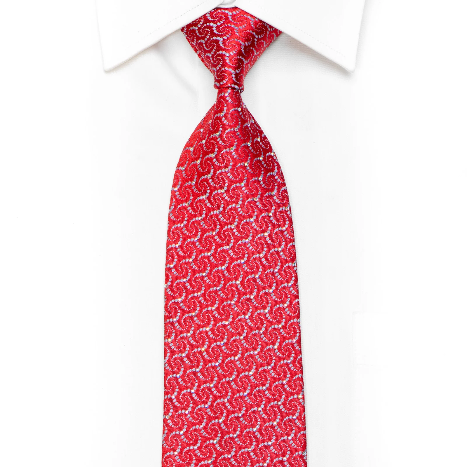 Silver Geometric On Red Rhinestone Silk Necktie With Sparkles