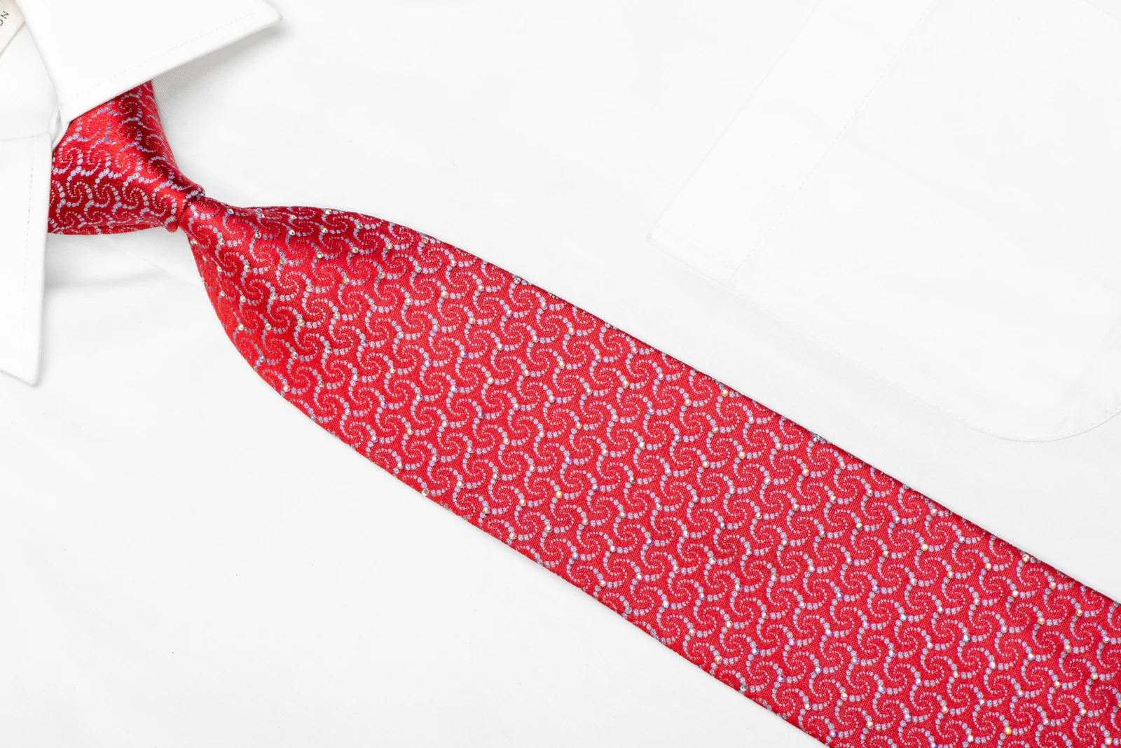 Silver Geometric On Red Rhinestone Silk Necktie With Sparkles - Image 2