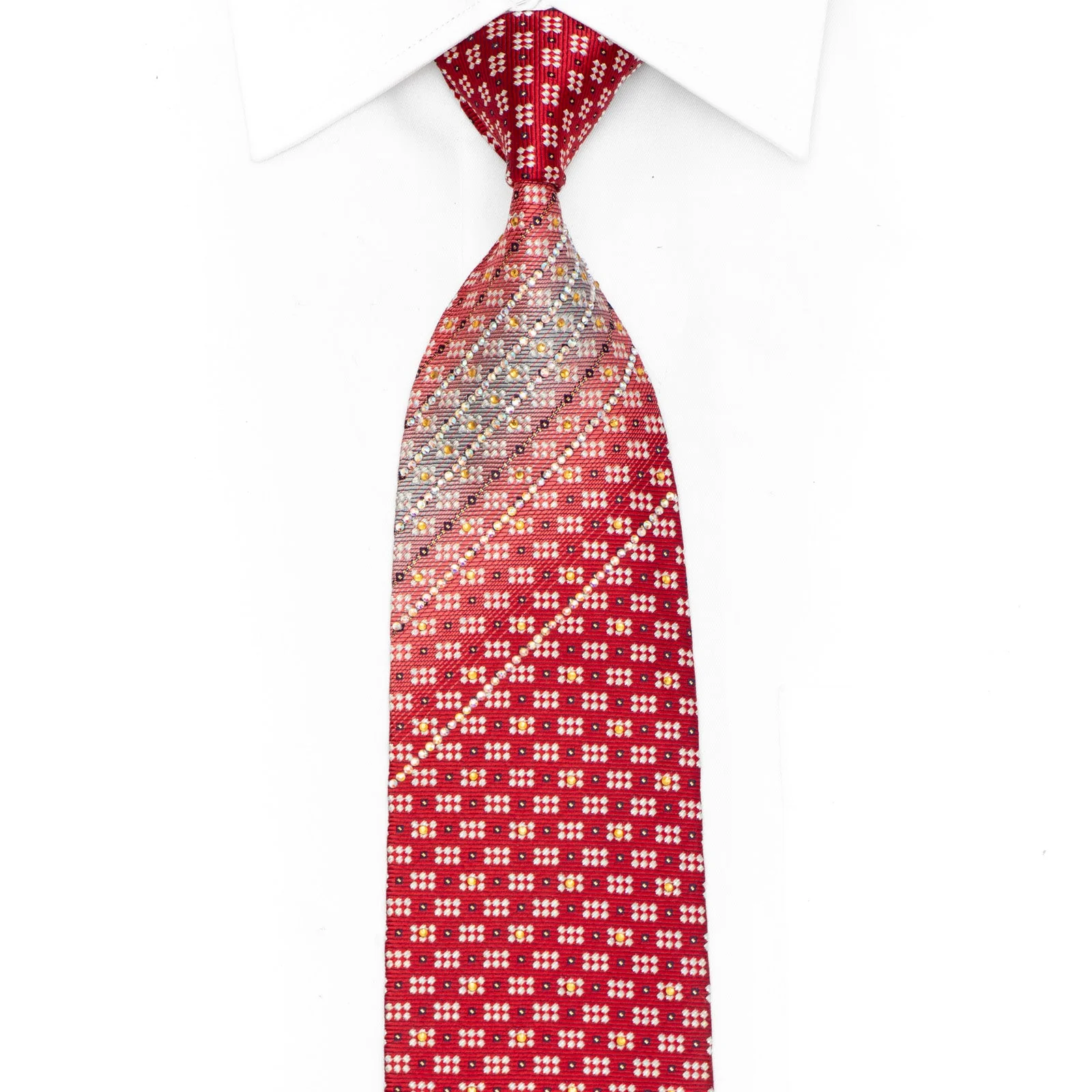 Silver Geometric On Red Rhinestone Silk Tie With Silver Sparkles