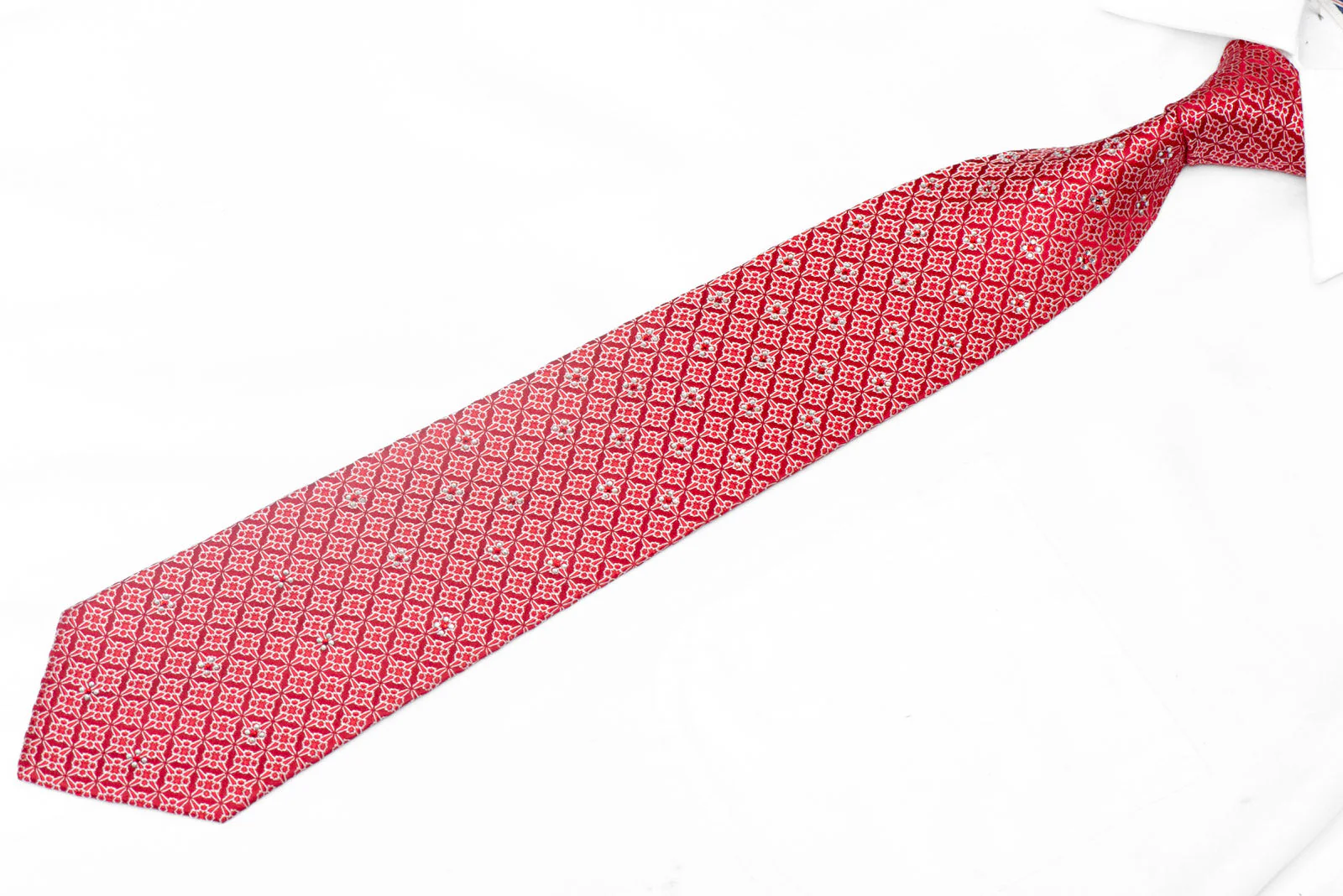 Silver Geometric On Red Rhinestone Tie With Red Sparkles - Image 2