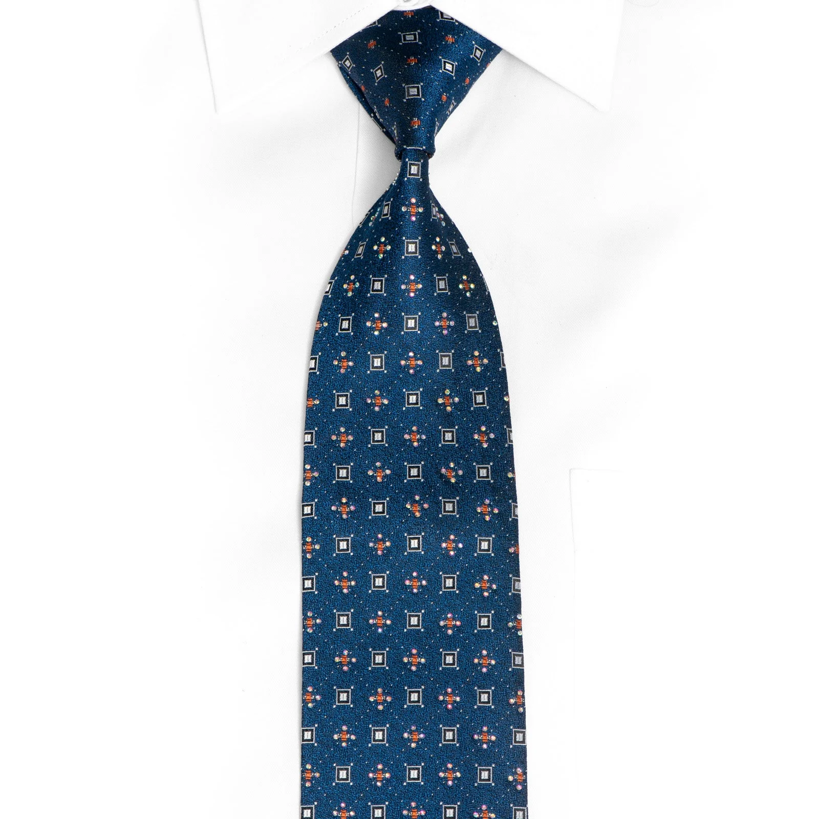 Silver Geometric Squares On Blue Rhinestone Silk Tie With Silver Sparkles