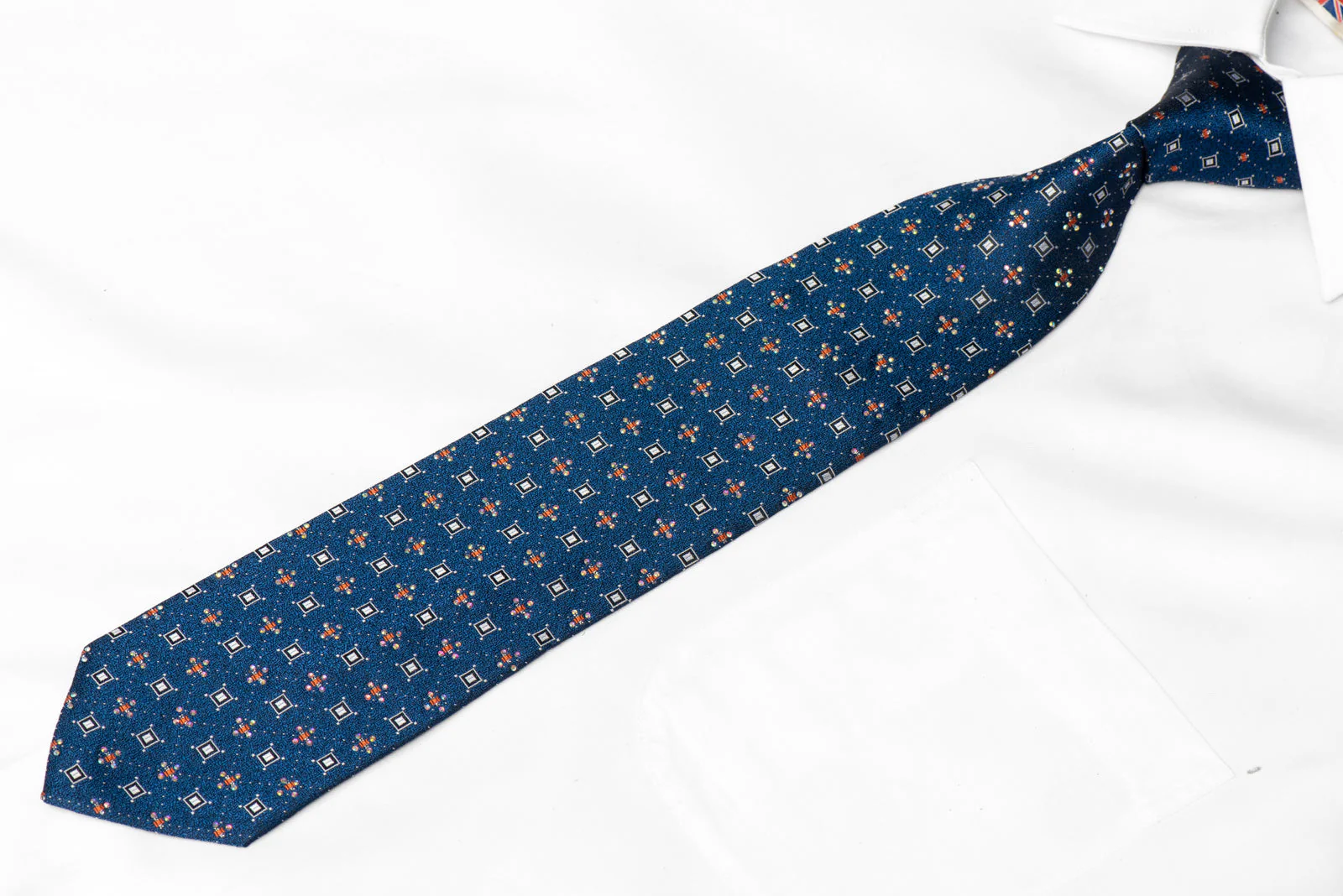 Silver Geometric Squares On Blue Rhinestone Silk Tie With Silver Sparkles - Image 2