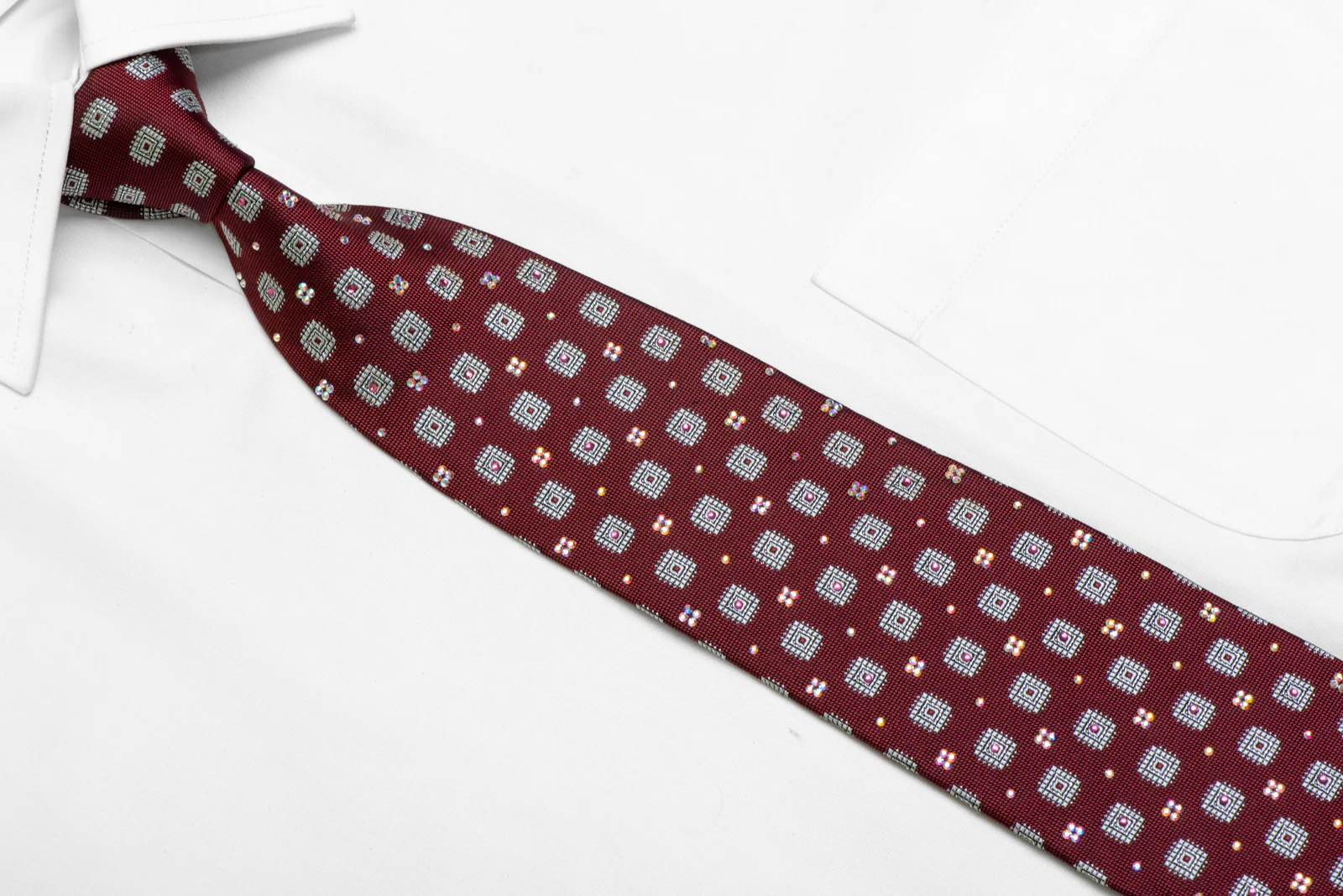 Silver Geometric Squares On Burgundy Rhinestone Silk Necktie With Sparkles - Image 2