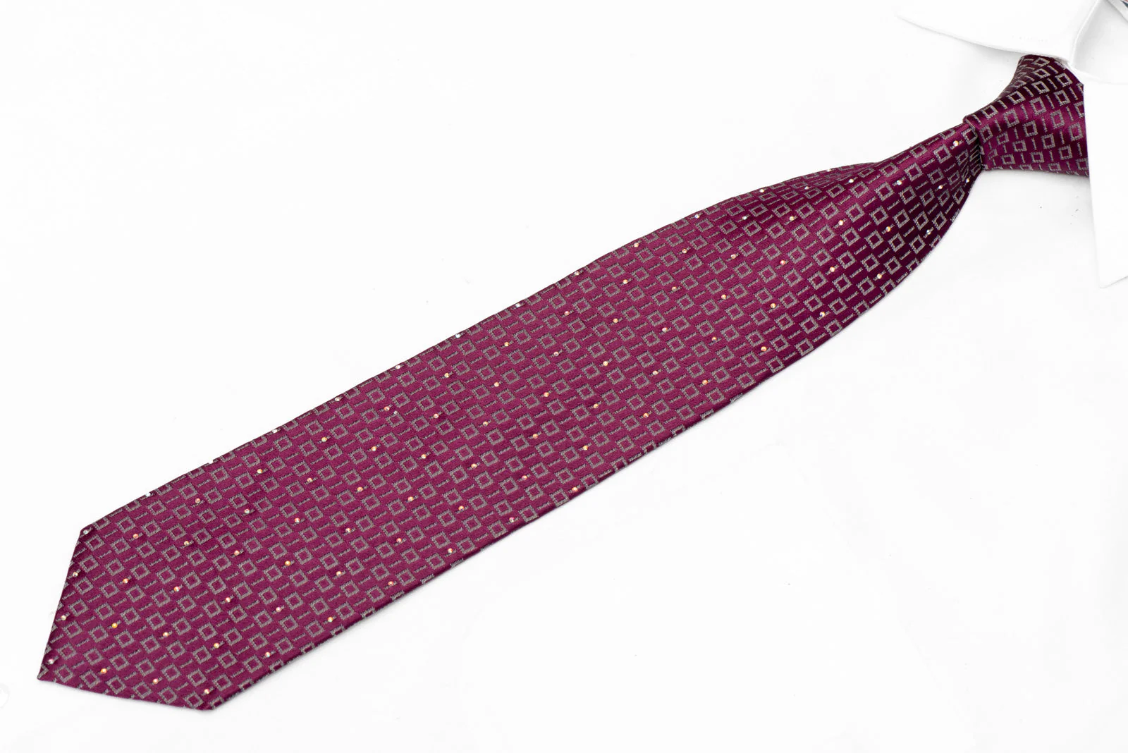 Silver Geometric Squares On Maroon Crystal Rhinestone Tie - Image 2