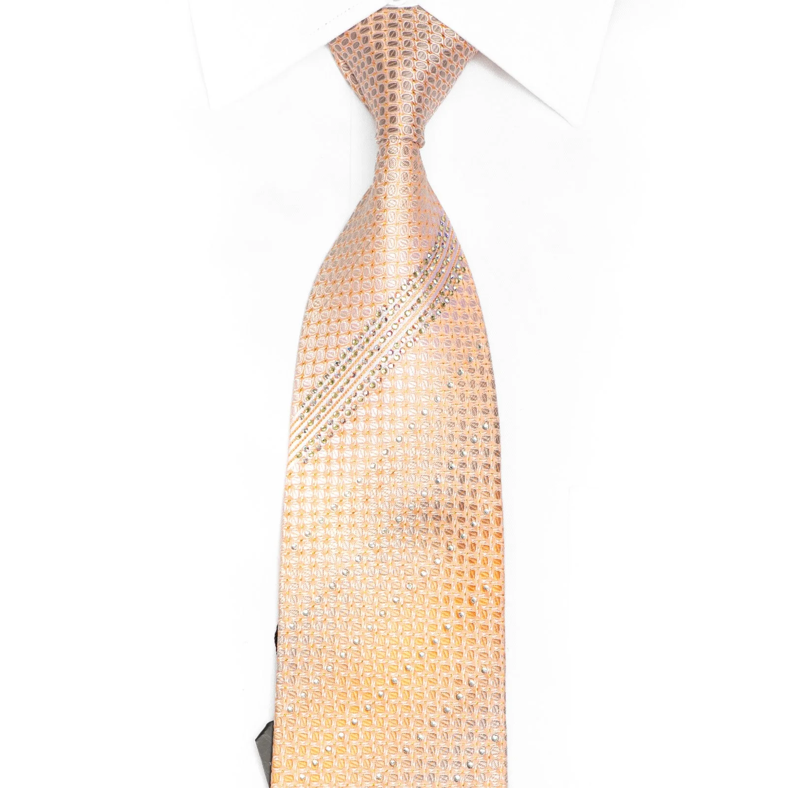 Silver Geometric & Striped On Peach Rhinestone Silk Tie With Gold Sparkles