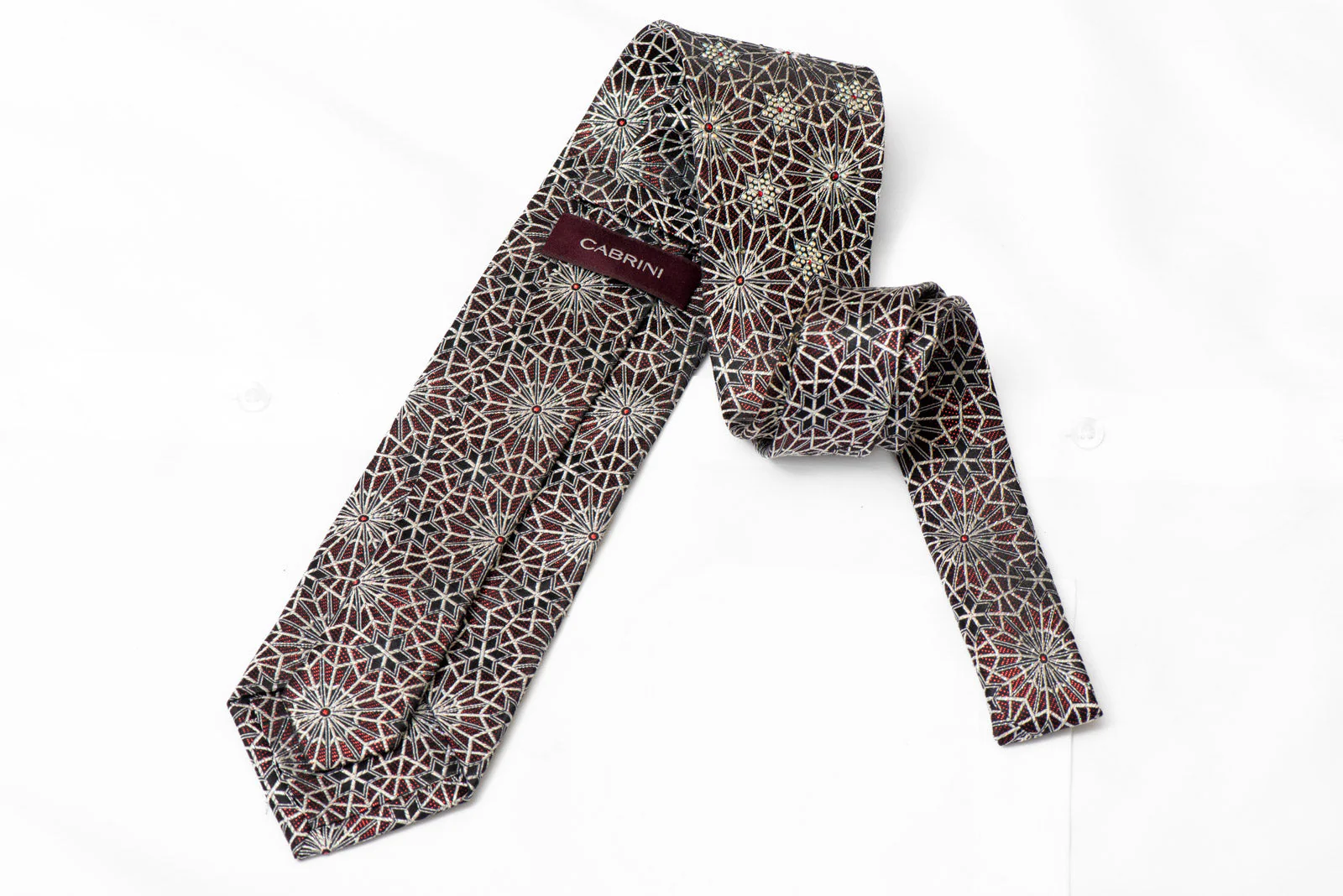 Silver Geometric Trellis On Black Rhinestone Silk Tie With Red Sparkles - Image 3