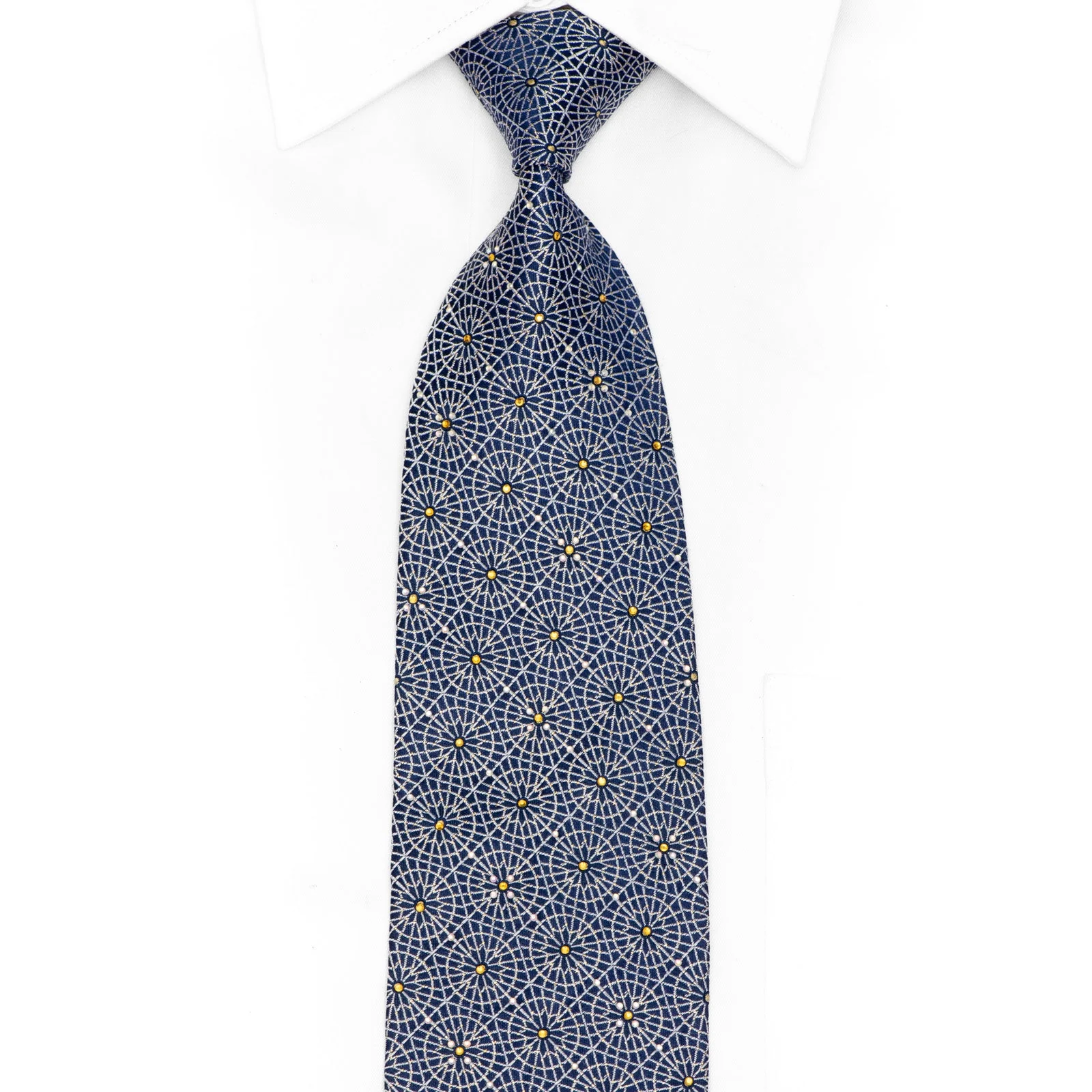 Silver Geometric Trellis On Blue Rhinestone Silk Necktie With Sparkles