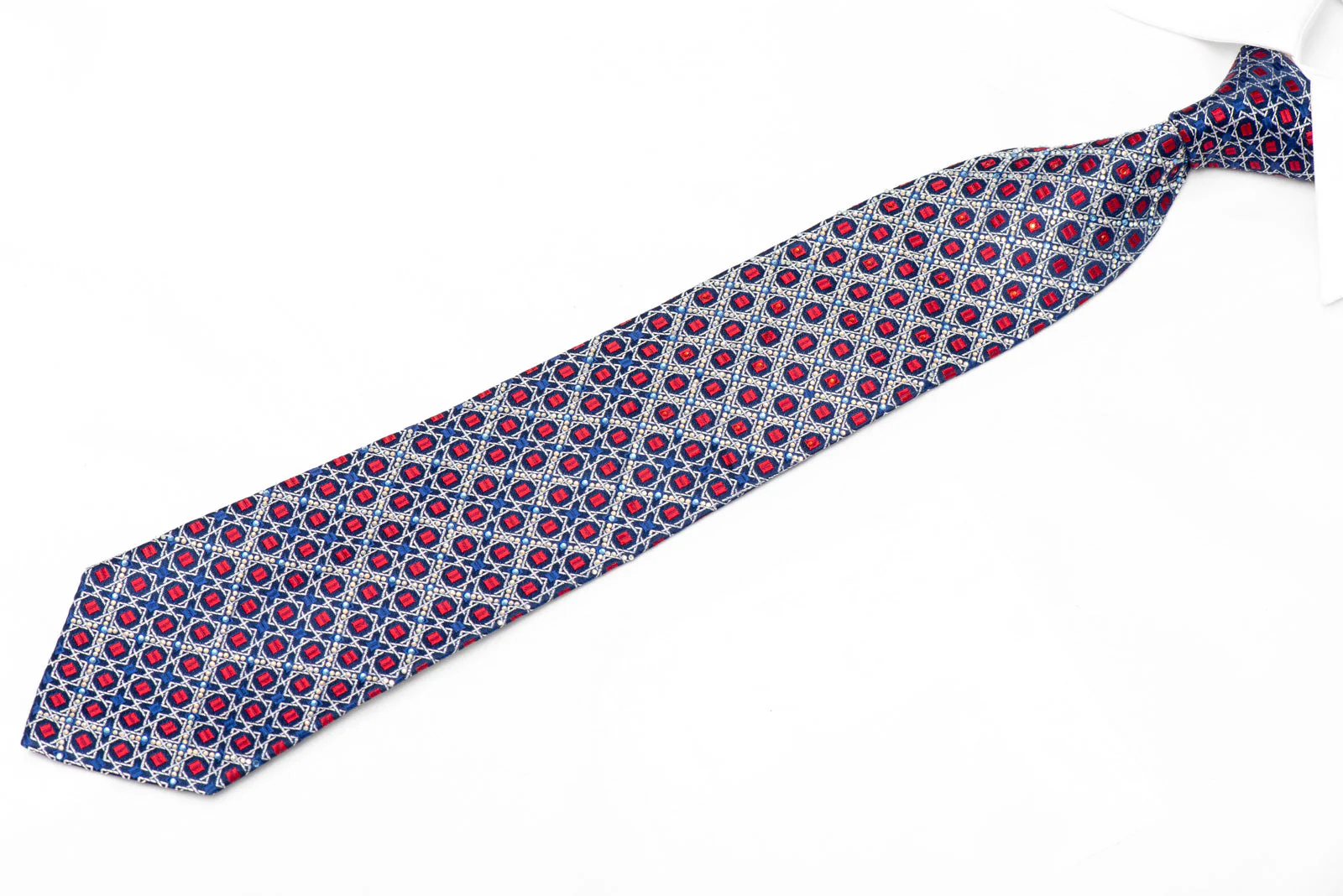 Silver Geometric Trellis On Dark Blue Bling Rhinestone Silk Necktie With Silver Sparkles - Image 2