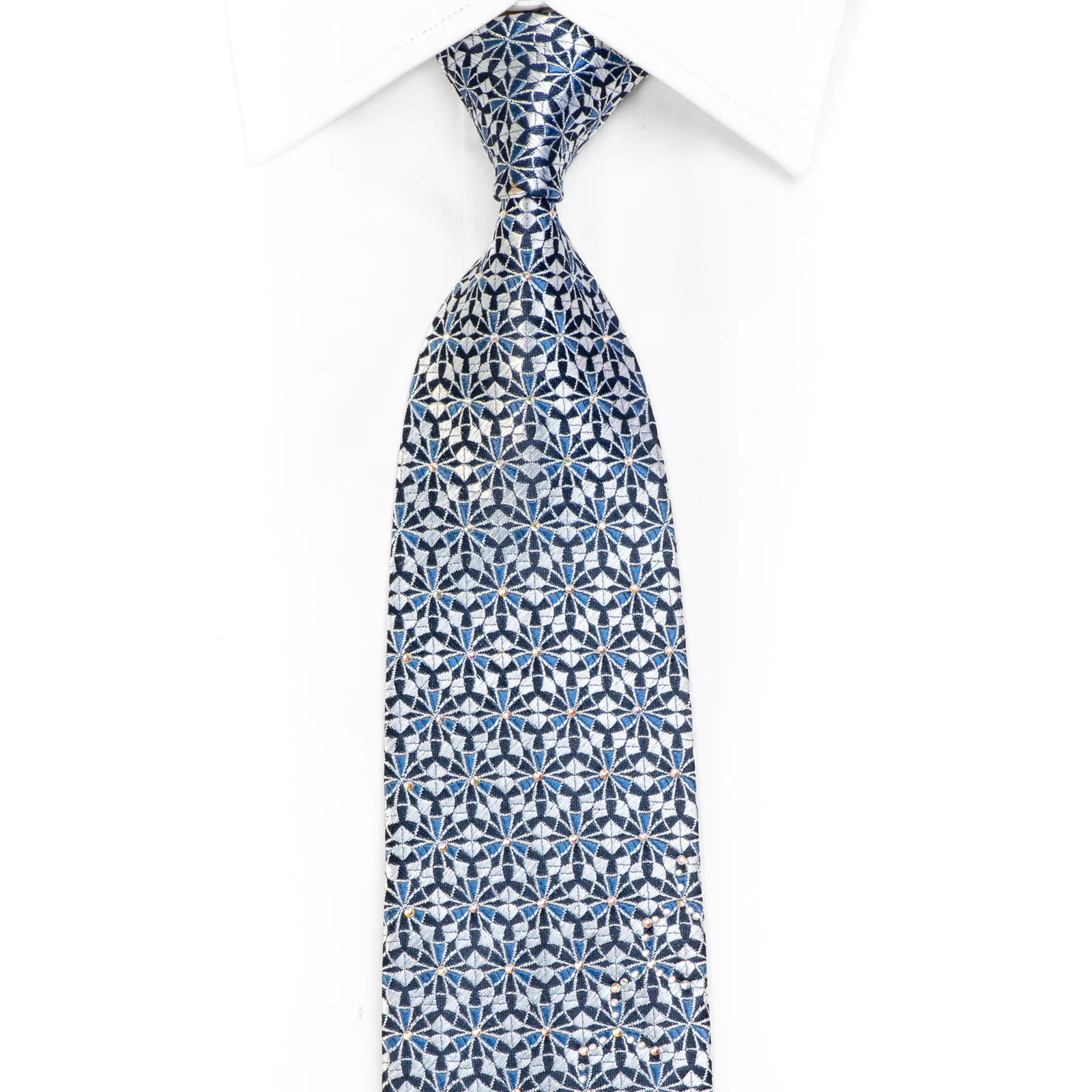 Silver Geometric Trellis On Navy Rhinestone Silk Necktie With Sparkles