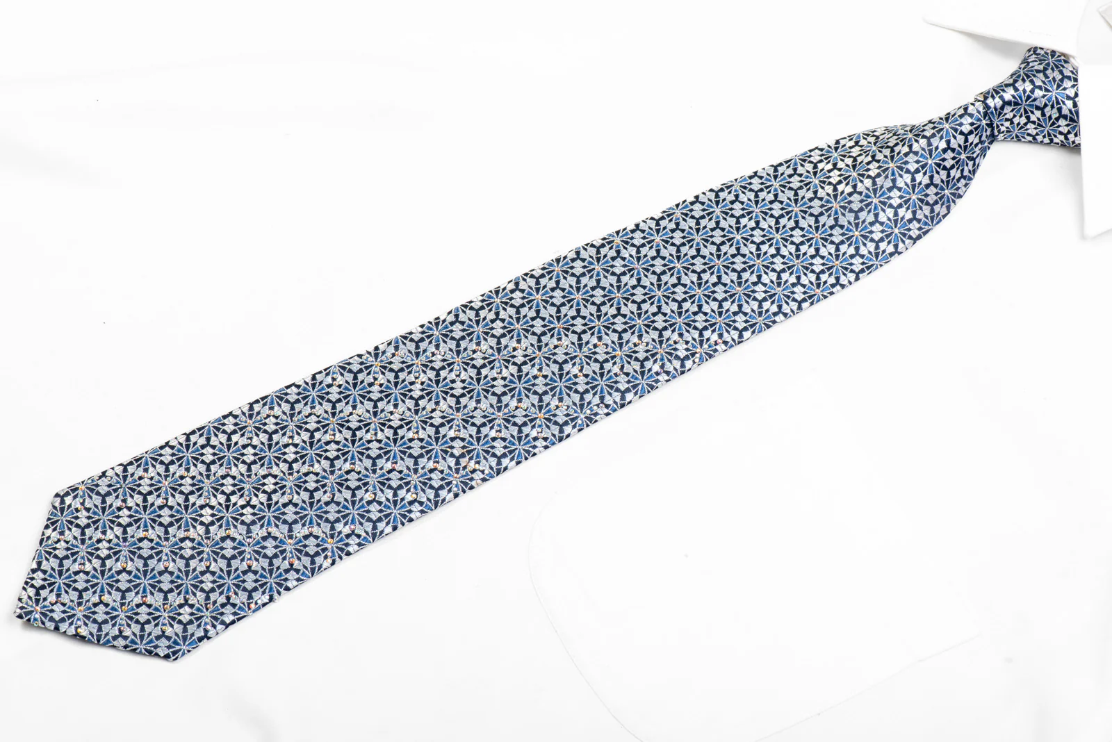 Silver Geometric Trellis On Navy Rhinestone Silk Necktie With Sparkles - Image 3