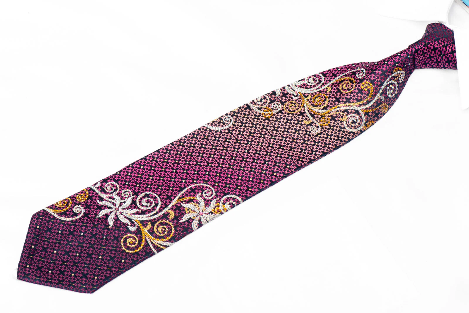Silver Gold Floral Scrolls & Geometric On Navy Rhinestone Silk Tie With Sparkles - Image 2