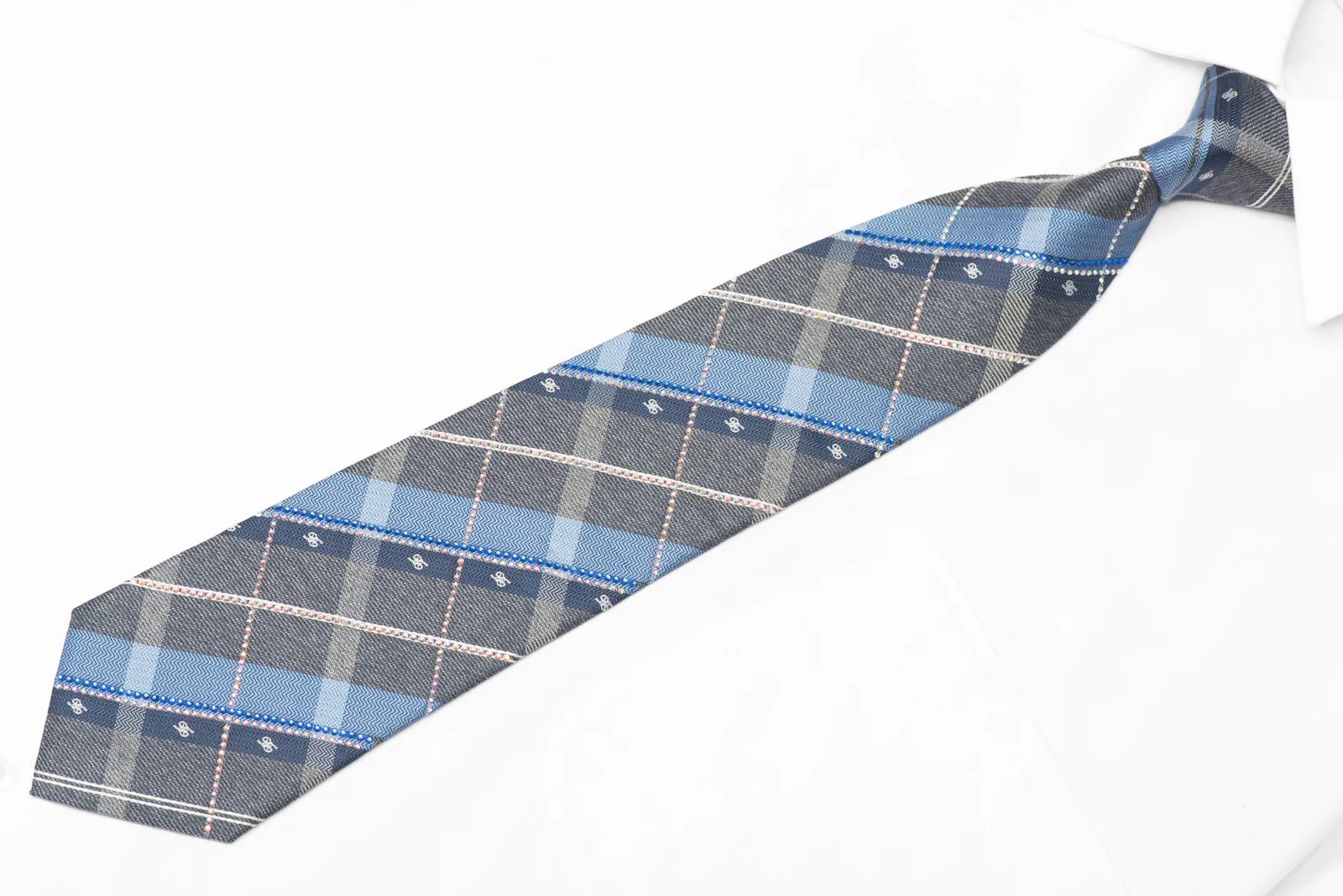 Silver Gray Blue Plaid Design Rhinestone Silk Necktie - Image 2