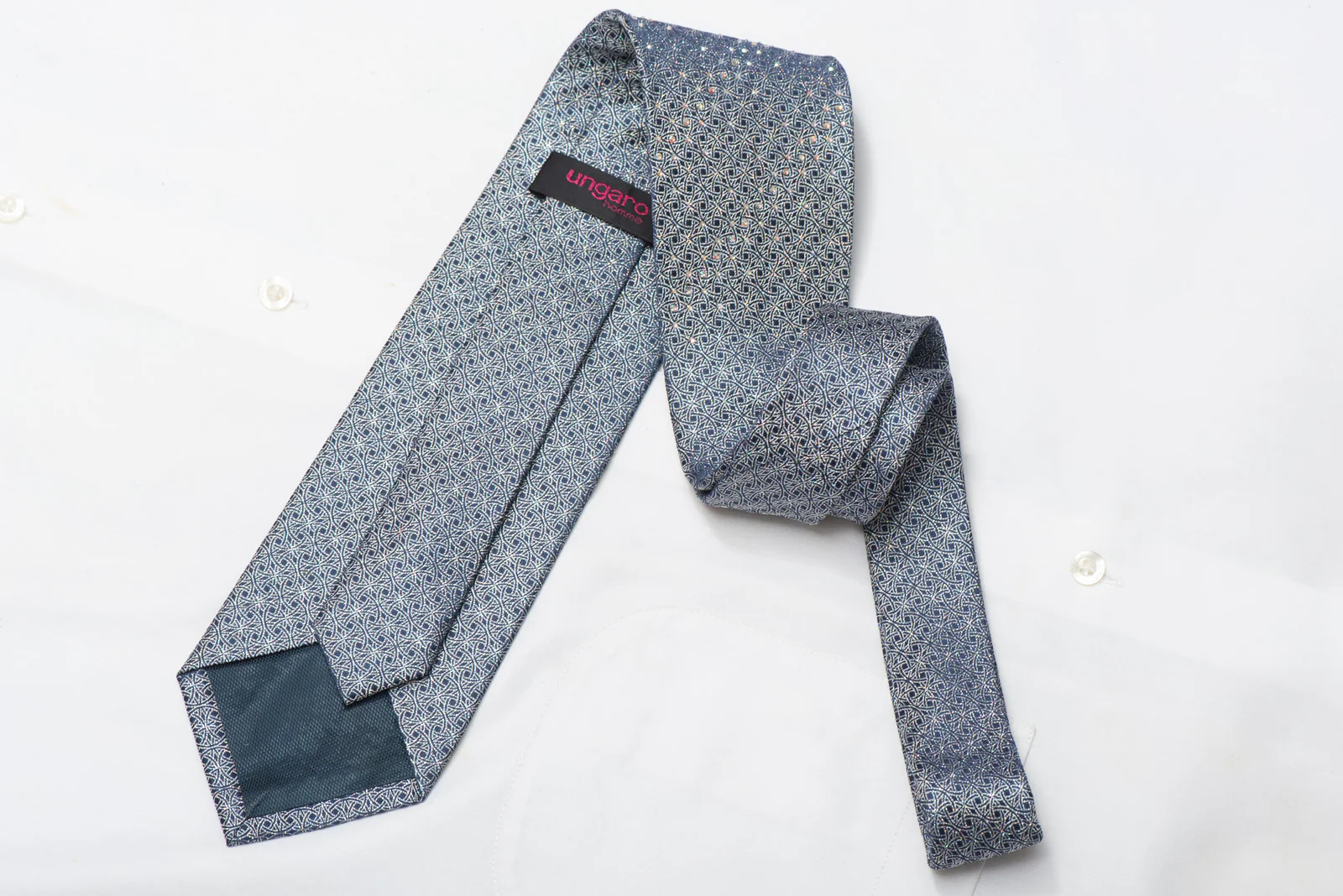 Silver Interlocking Circles On Dark Blue Rhinestone Silk Necktie With Silver Sparkles - Image 3