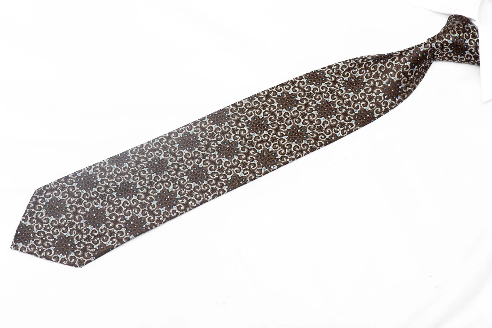 Silver Marrakesh Design On Brown Rhinestone Silk Tie With Sparkles - Image 2