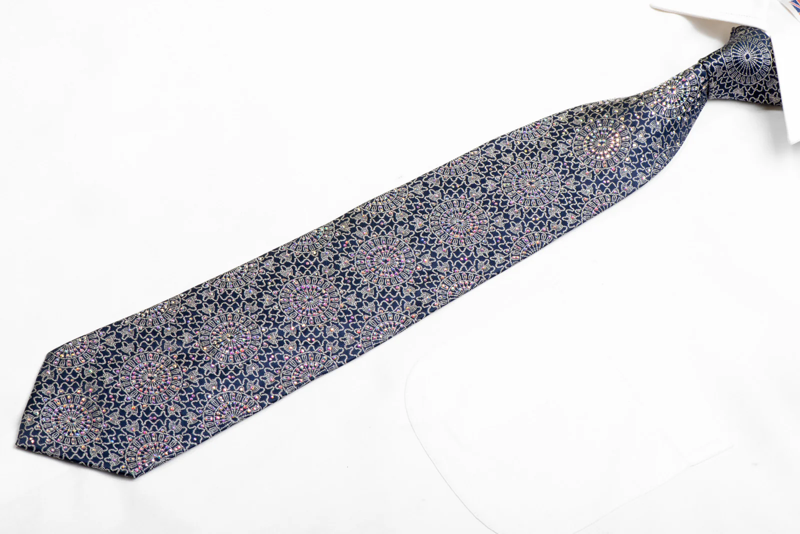 Silver Marrakesh On Navy Blue Crystal Rhinestone Silk Necktie - Image 3