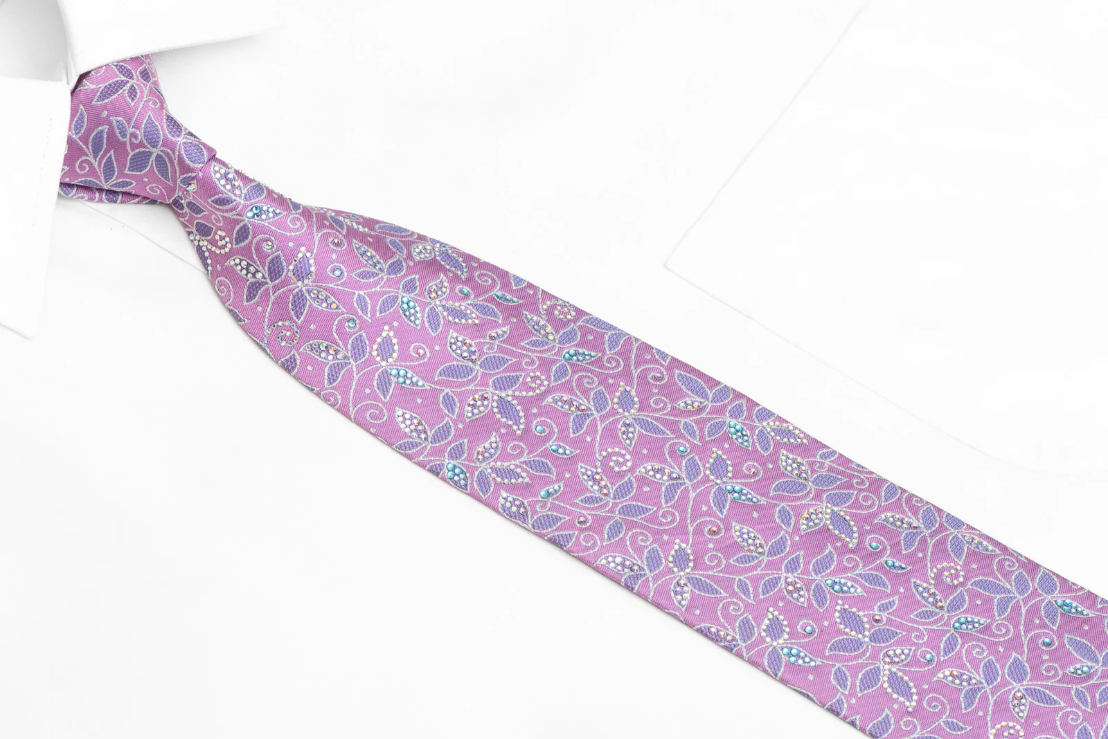 Silver Mauve Floral On Pink Rhinestone Silk Necktie With Silver Sparkles - Image 2