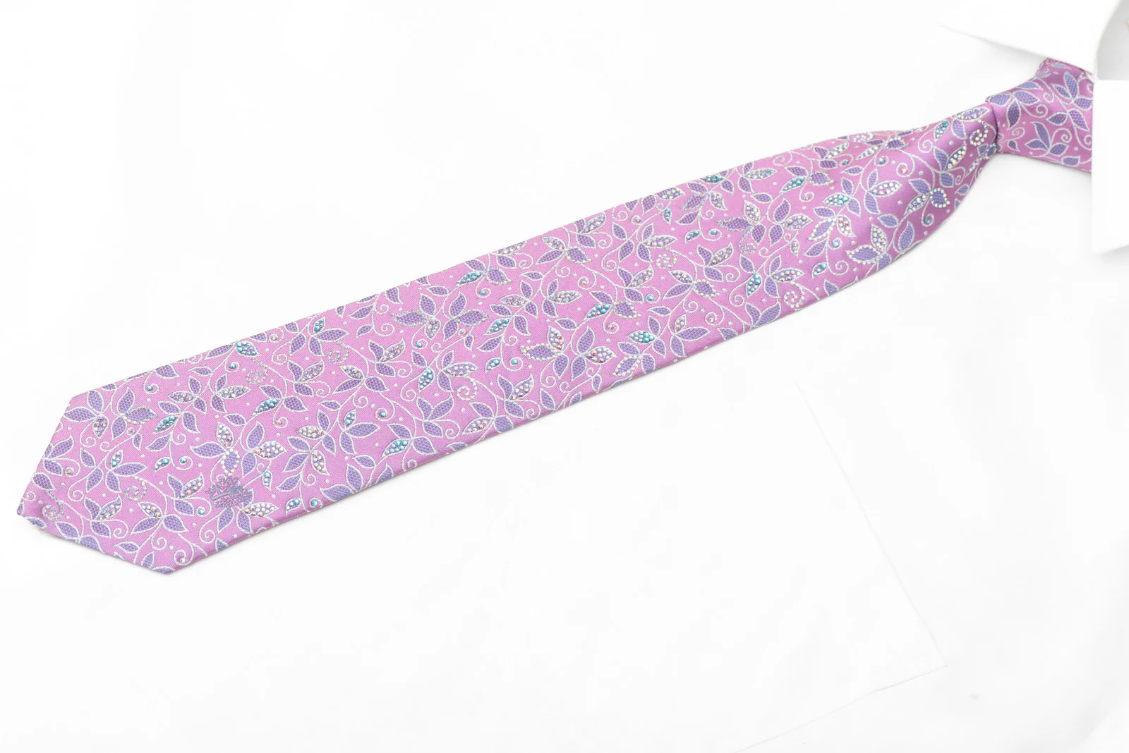Silver Mauve Floral On Pink Rhinestone Silk Necktie With Silver Sparkles - Image 3