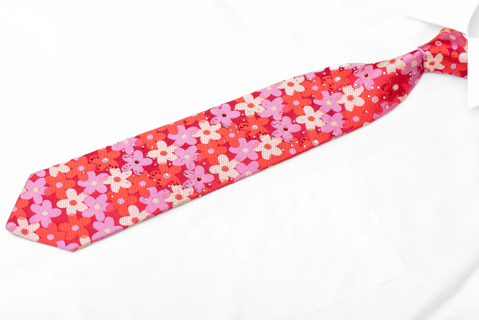 Silver Mauve Red Floral On Red Rhinestone Necktie With Sparkles - Image 3