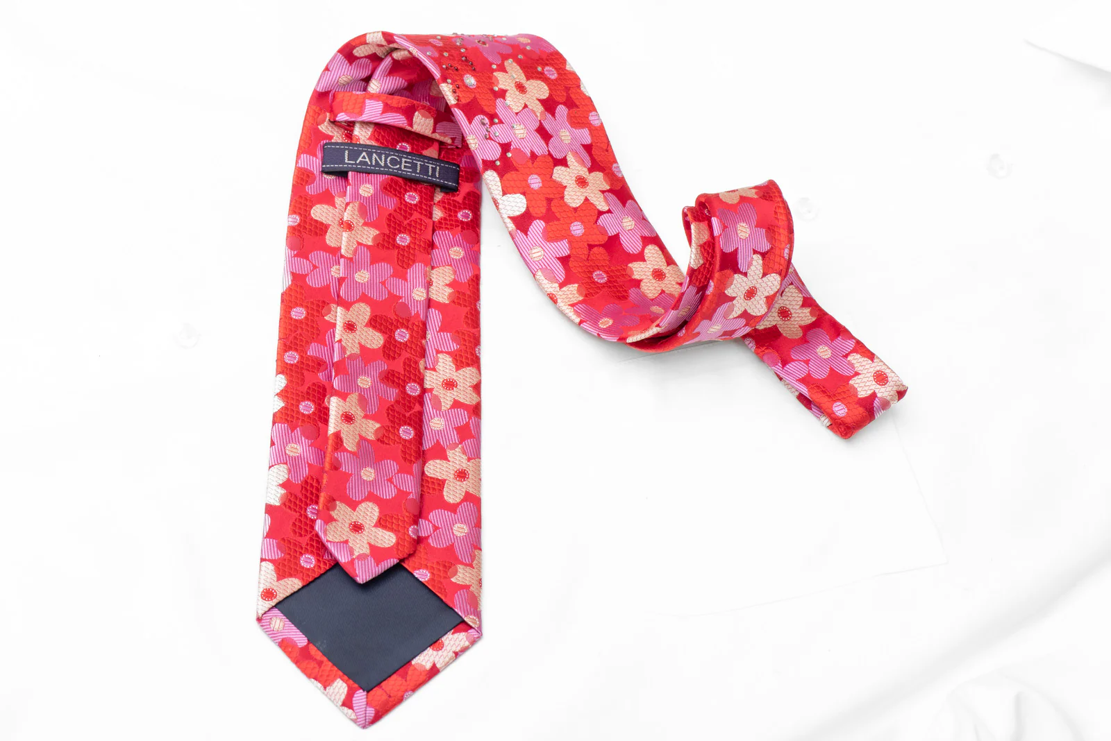 Silver Mauve Red Floral On Red Rhinestone Necktie With Sparkles - Image 4