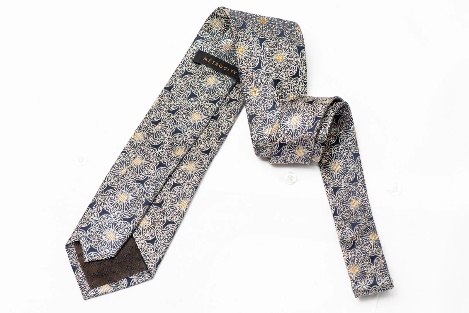 Silver Medallions On Navy Blue Rhinestone Tie With Silver Sparkles - Image 3