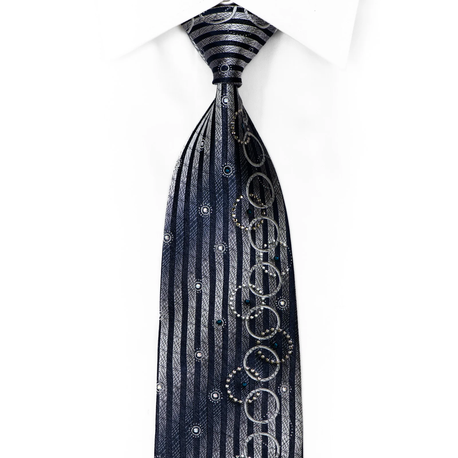 Silver Navy Blue Vertical Striped Geometric Rhinestone Silk Necktie With Sparkles