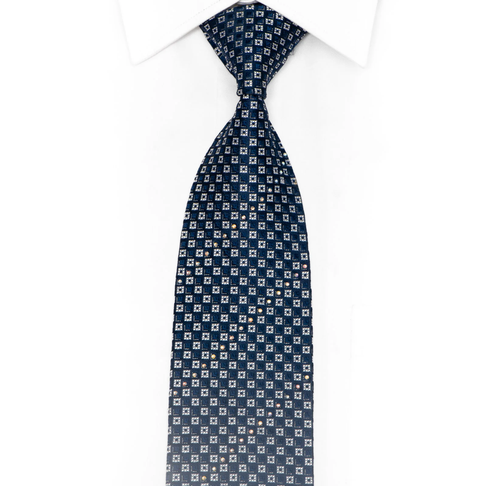 Silver Navy Checkered Rhinestone Silk Tie With Silver Sparkles