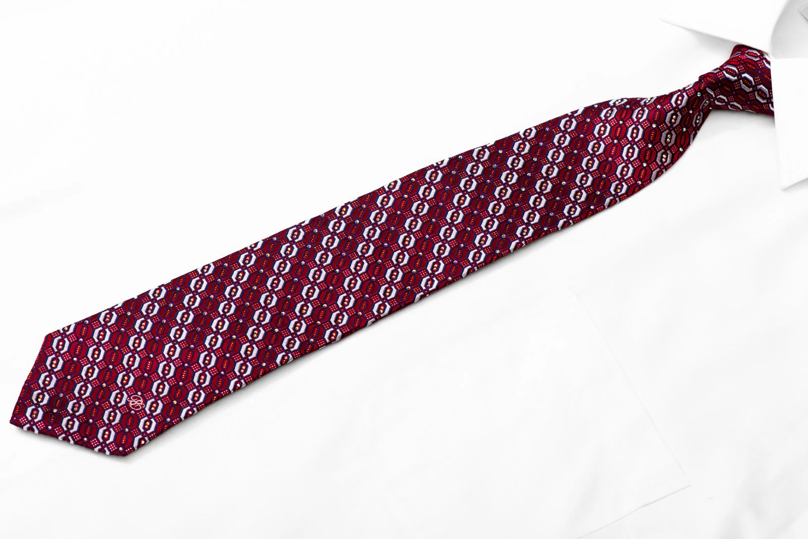 Silver Navy Geometric On Burgundy Rhinestone Silk Tie With Silver Sparkles - Image 3