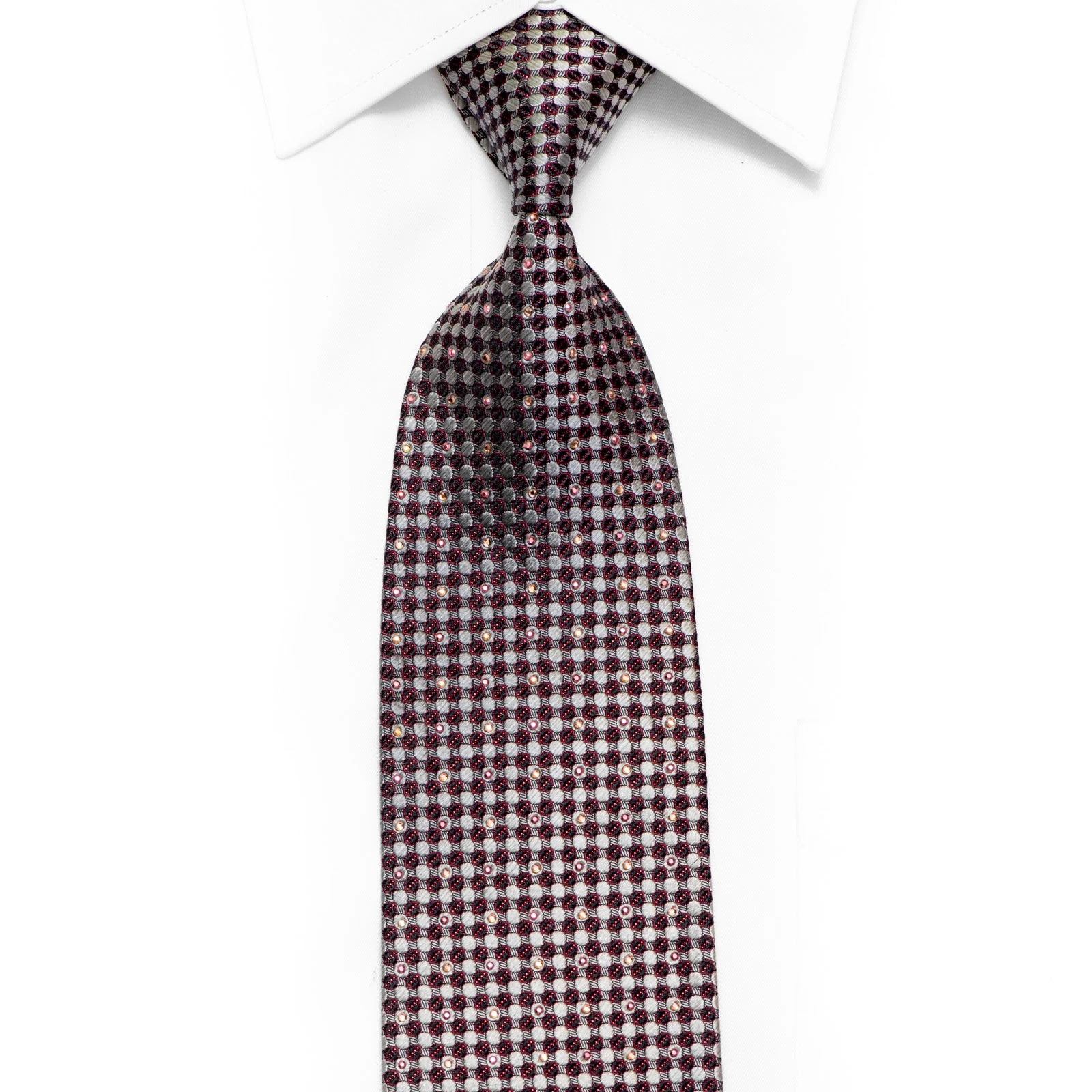 Silver Navy Geometric Rhinestone Silk Tie With Red Sparkles