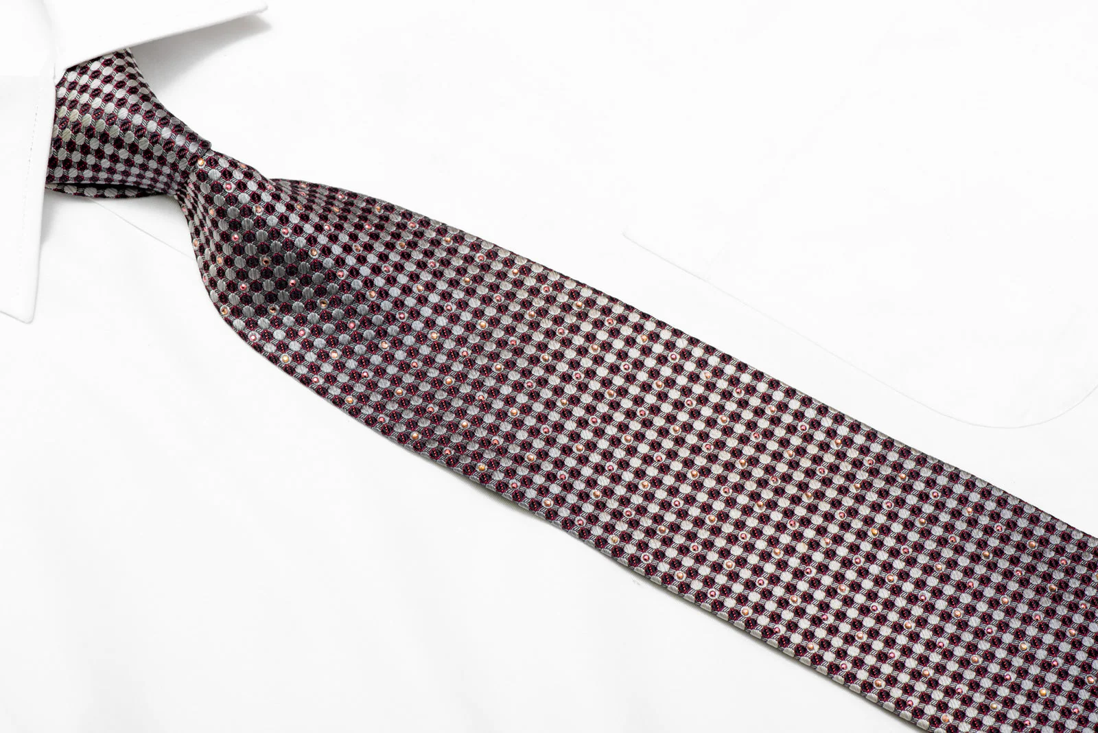 Silver Navy Geometric Rhinestone Silk Tie With Red Sparkles - Image 2