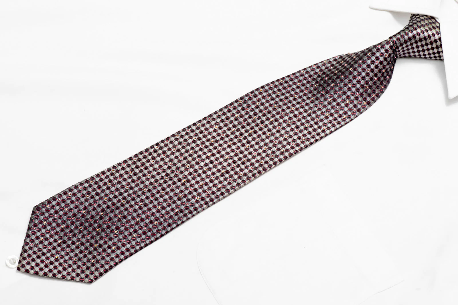 Silver Navy Geometric Rhinestone Silk Tie With Red Sparkles - Image 3